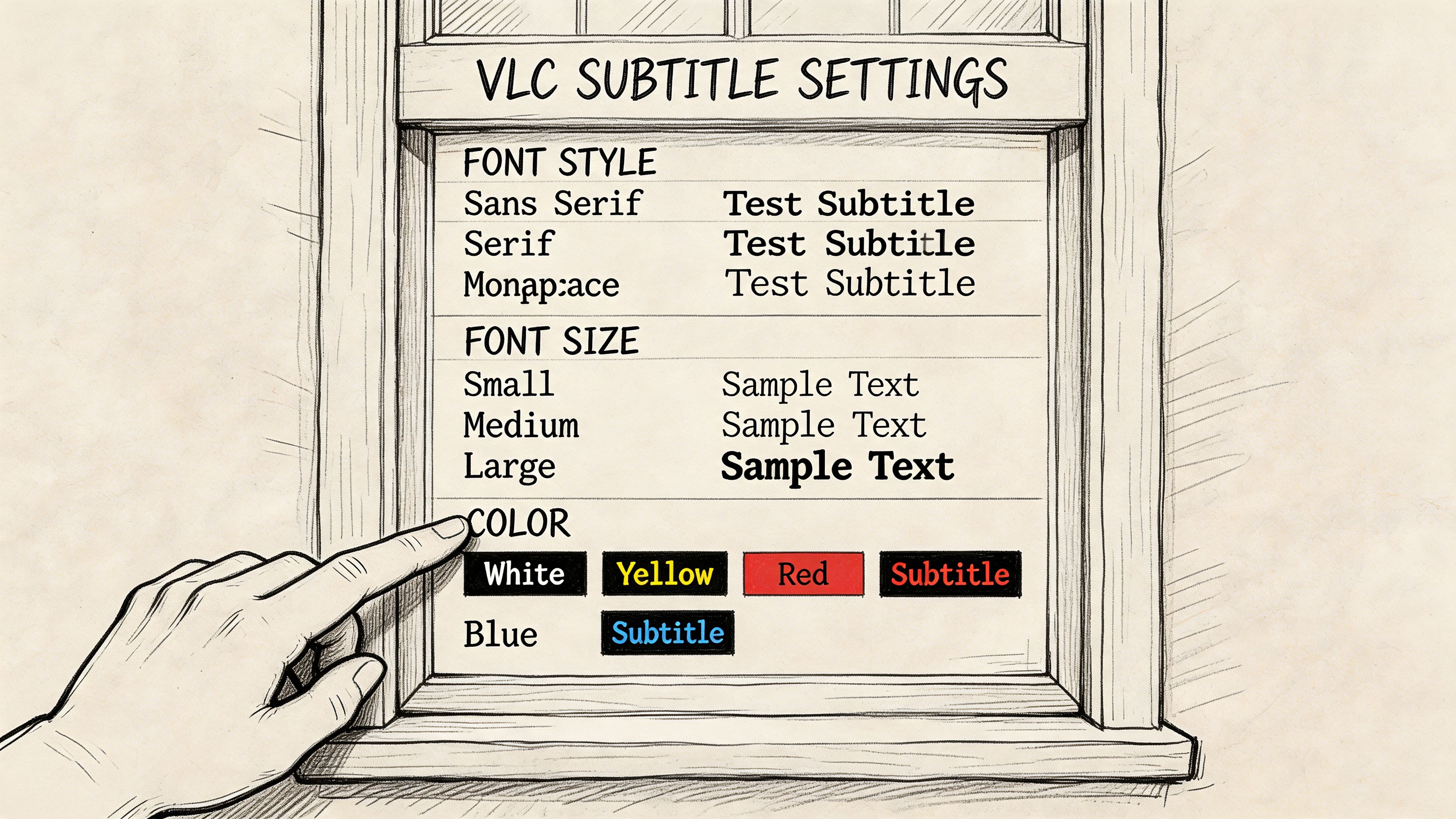 A hand selecting font and color settings for VLC Media Player subtitles on a digital screen interface.