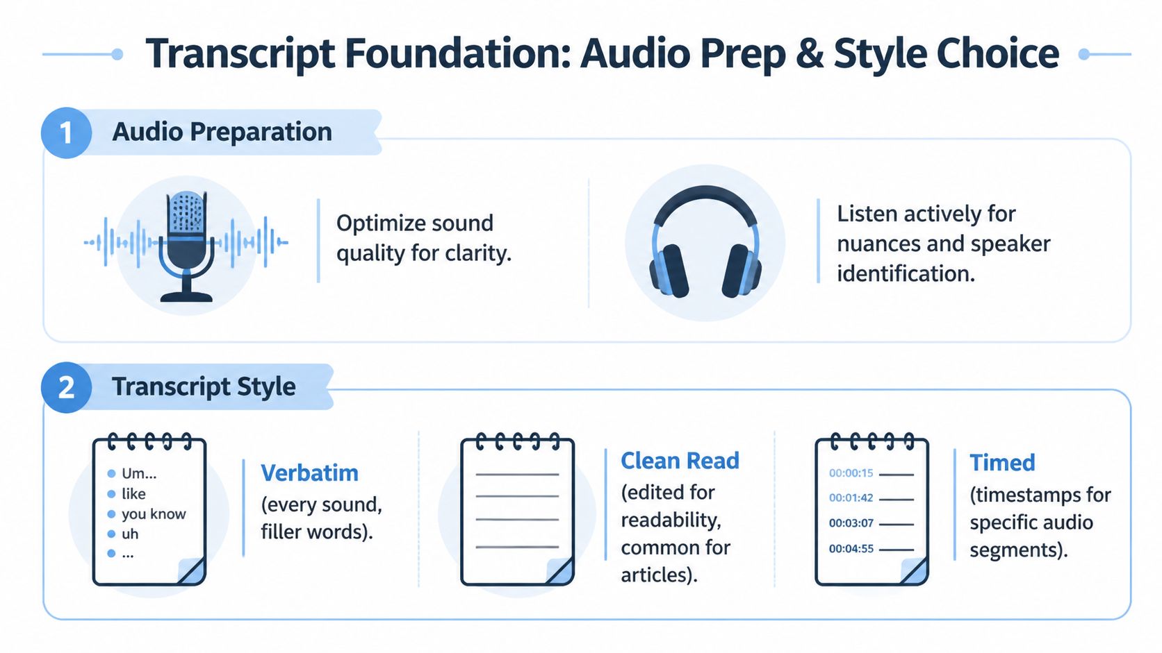 A visual guide outlining two steps for transcript creation: audio preparation and choosing a transcript style.