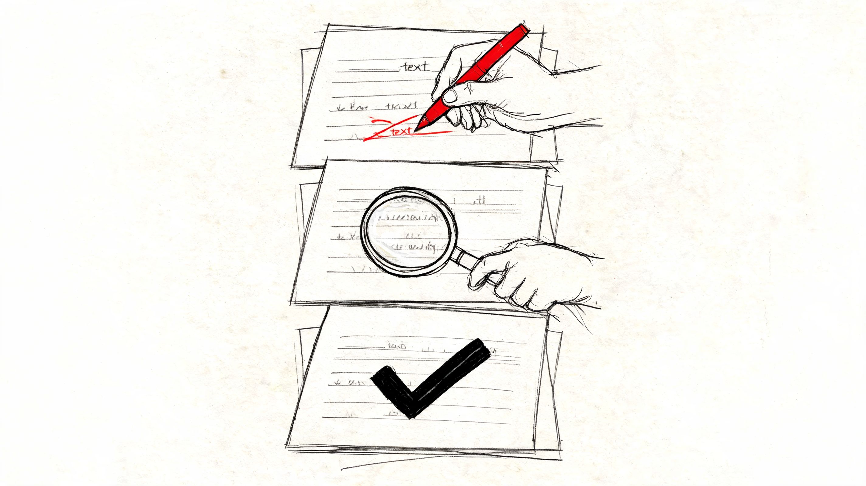 A hand editing text, a magnifying glass inspecting lines, and a document with a large checkmark symbol.