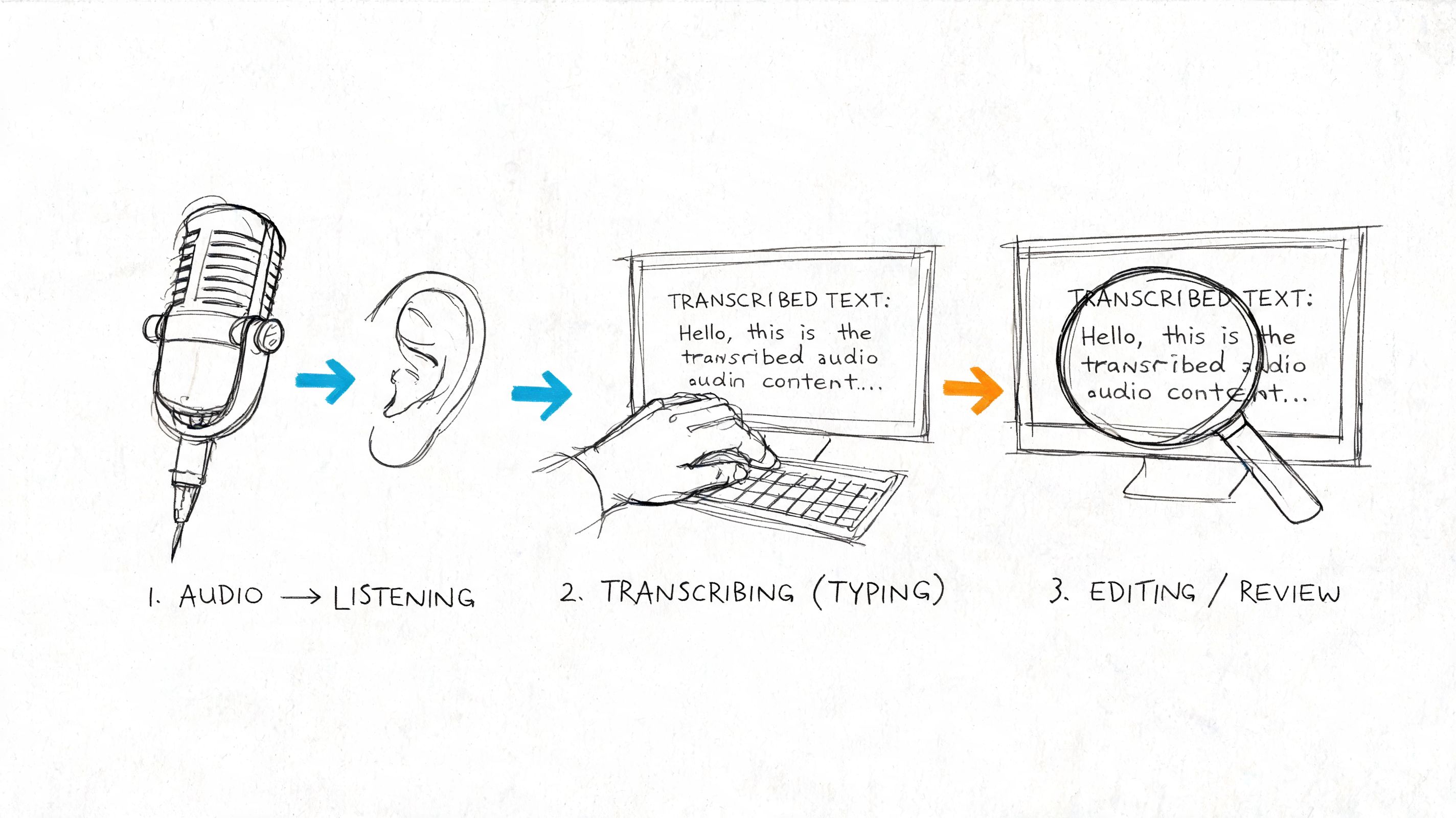 A three-step diagram illustrating the process of recording audio, transcribing it, and performing an editing review.