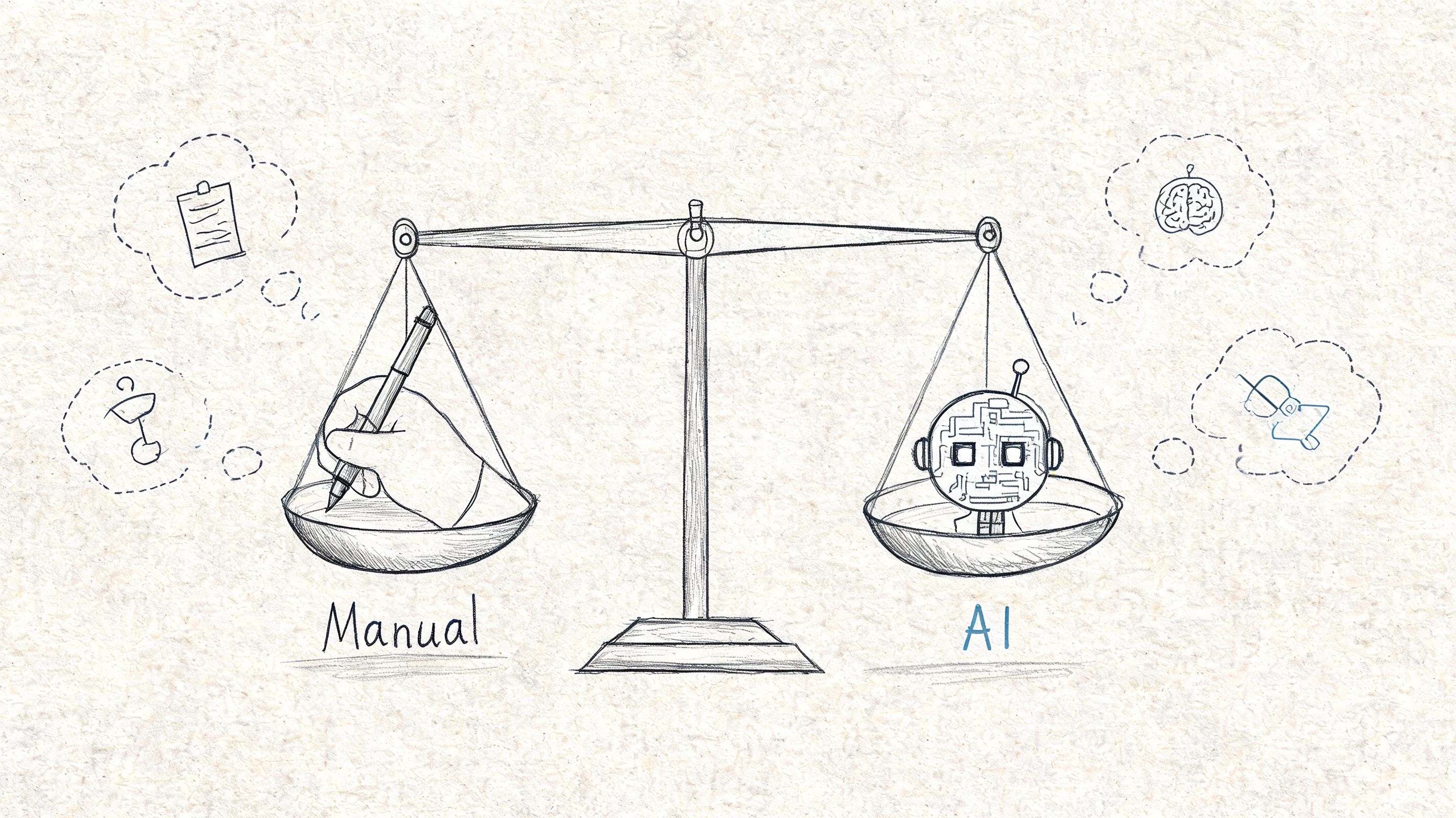 A conceptual sketch showing a hand-held pen and an AI robot balancing on a weighing scale.