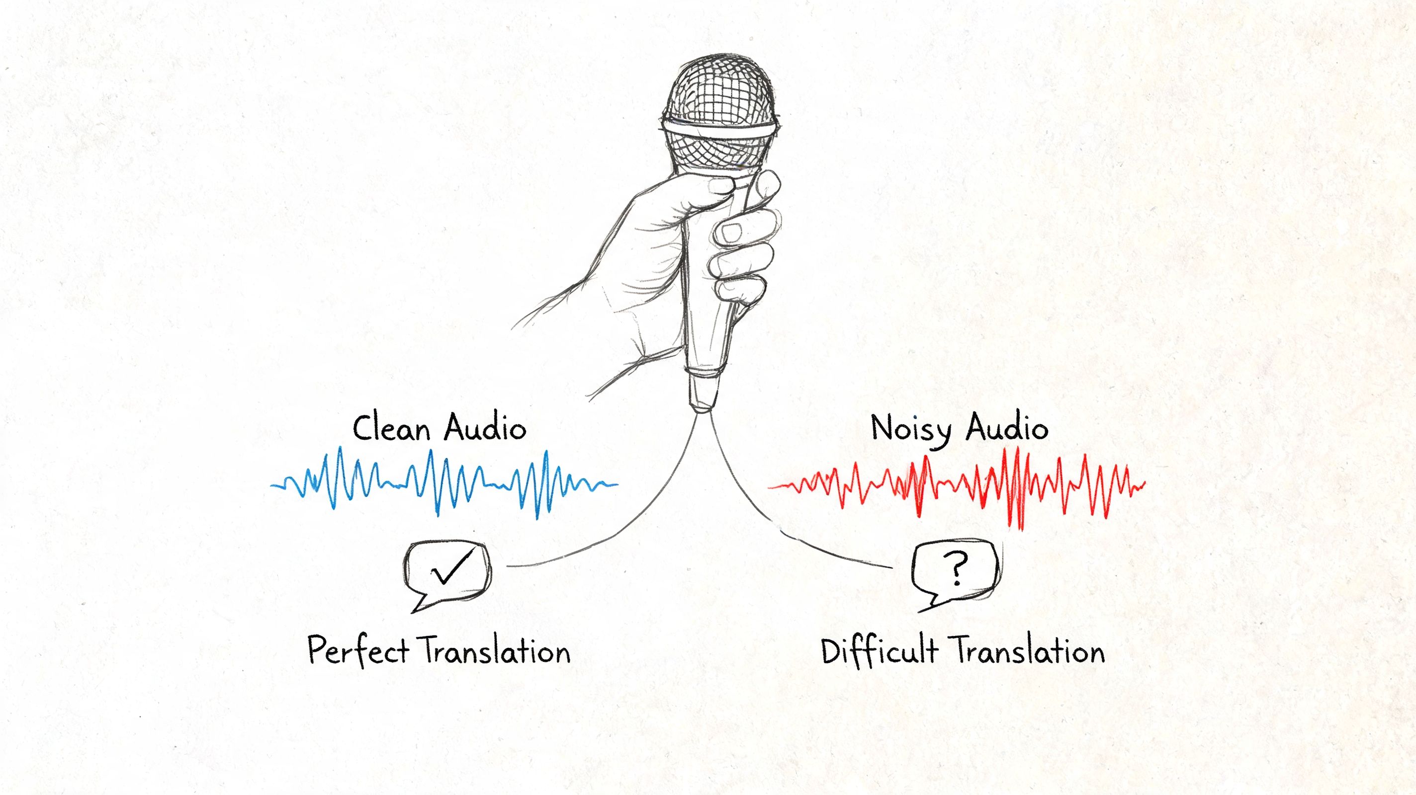 A hand holding a microphone with separate visual representations of clean and noisy audio waveforms.