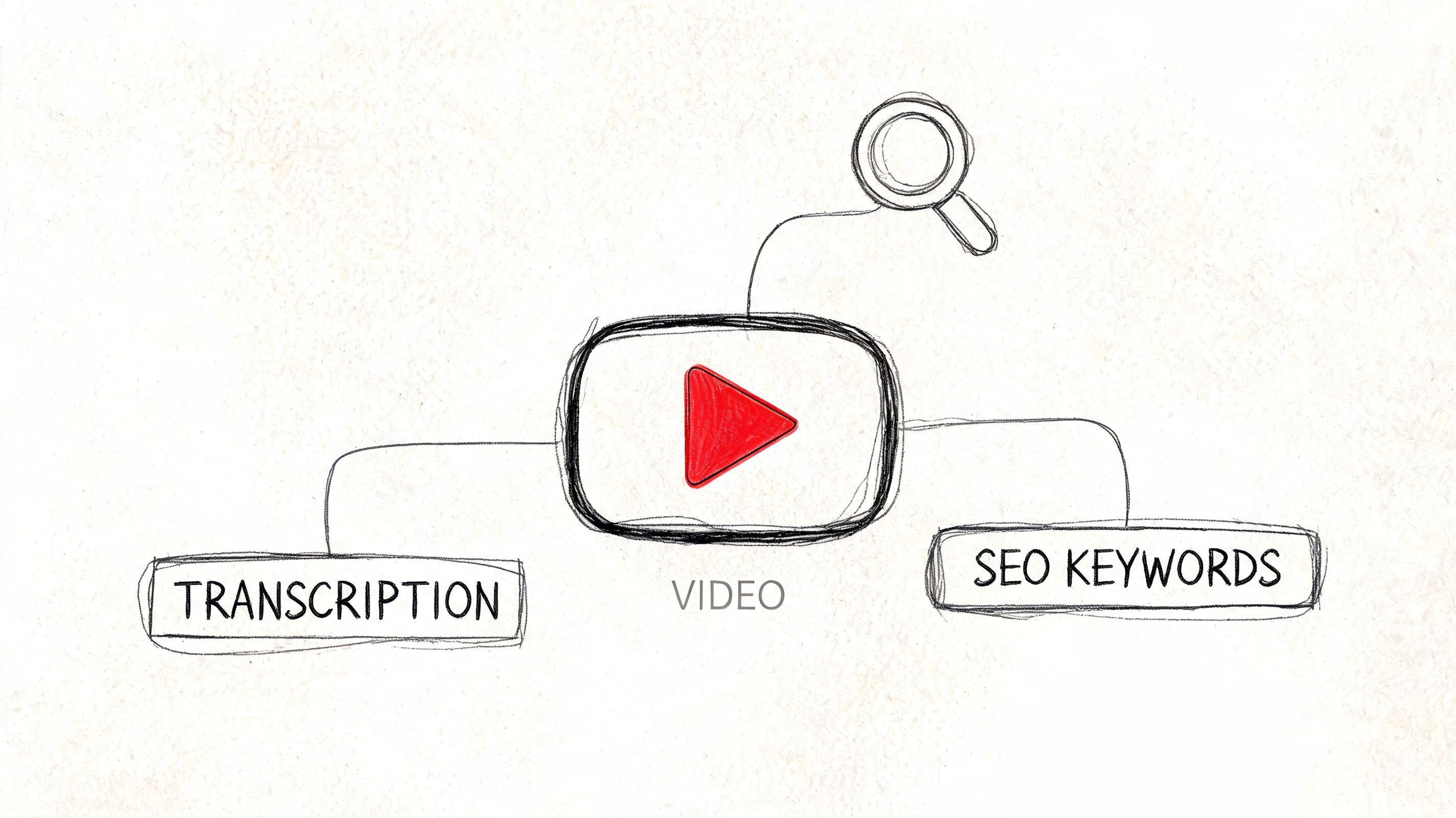 A hand-drawn illustration showing a video icon connected to transcription and SEO keywords, representing video optimization.