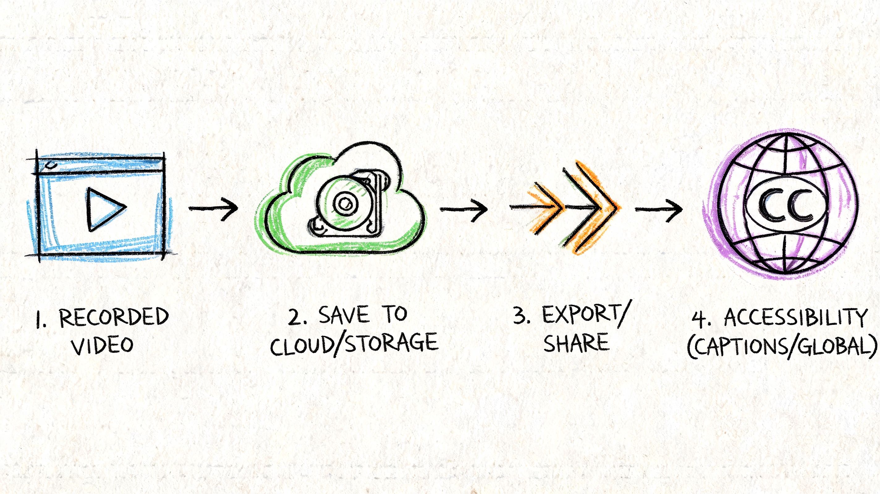 A hand-drawn process flow showing four steps for recording, storing, sharing, and ensuring video accessibility.
