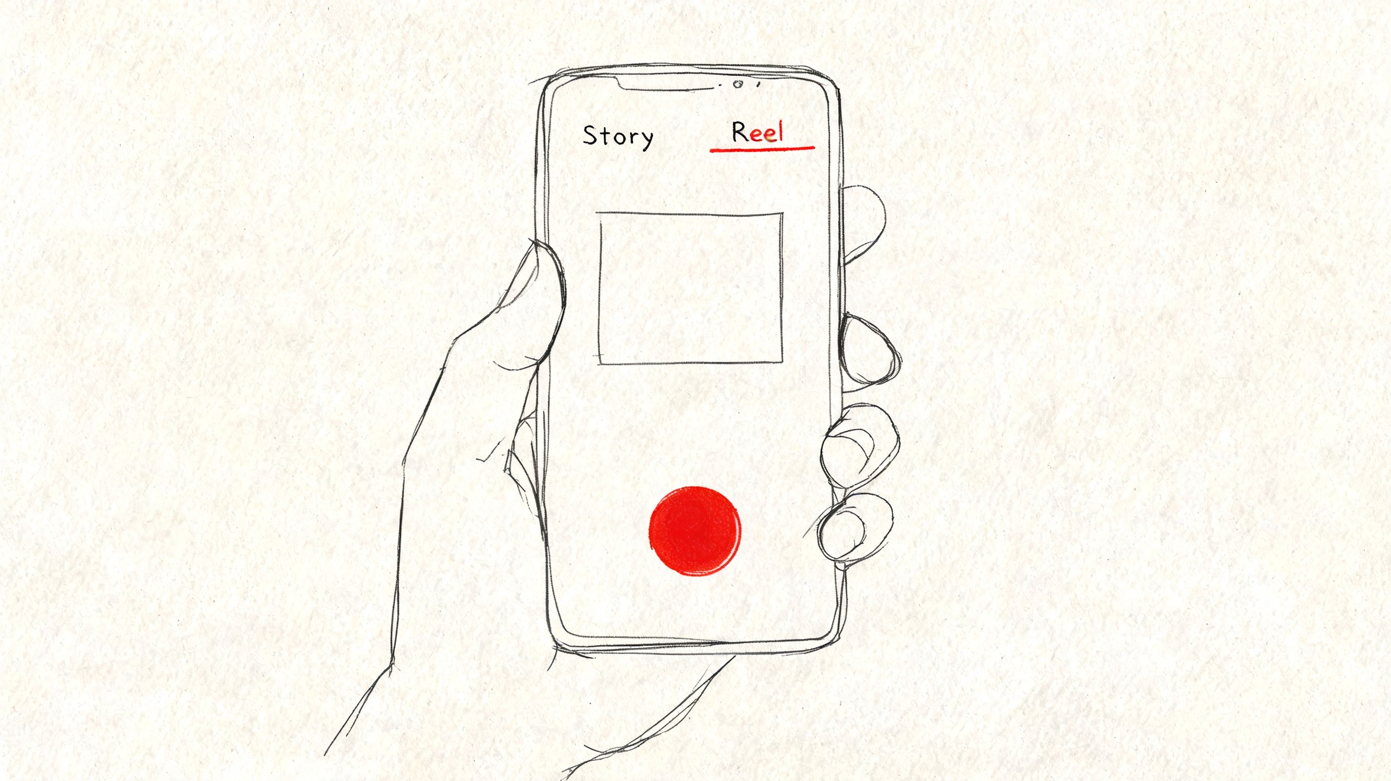 A hand-drawn sketch of a hand holding a smartphone showing a recording screen for social media.