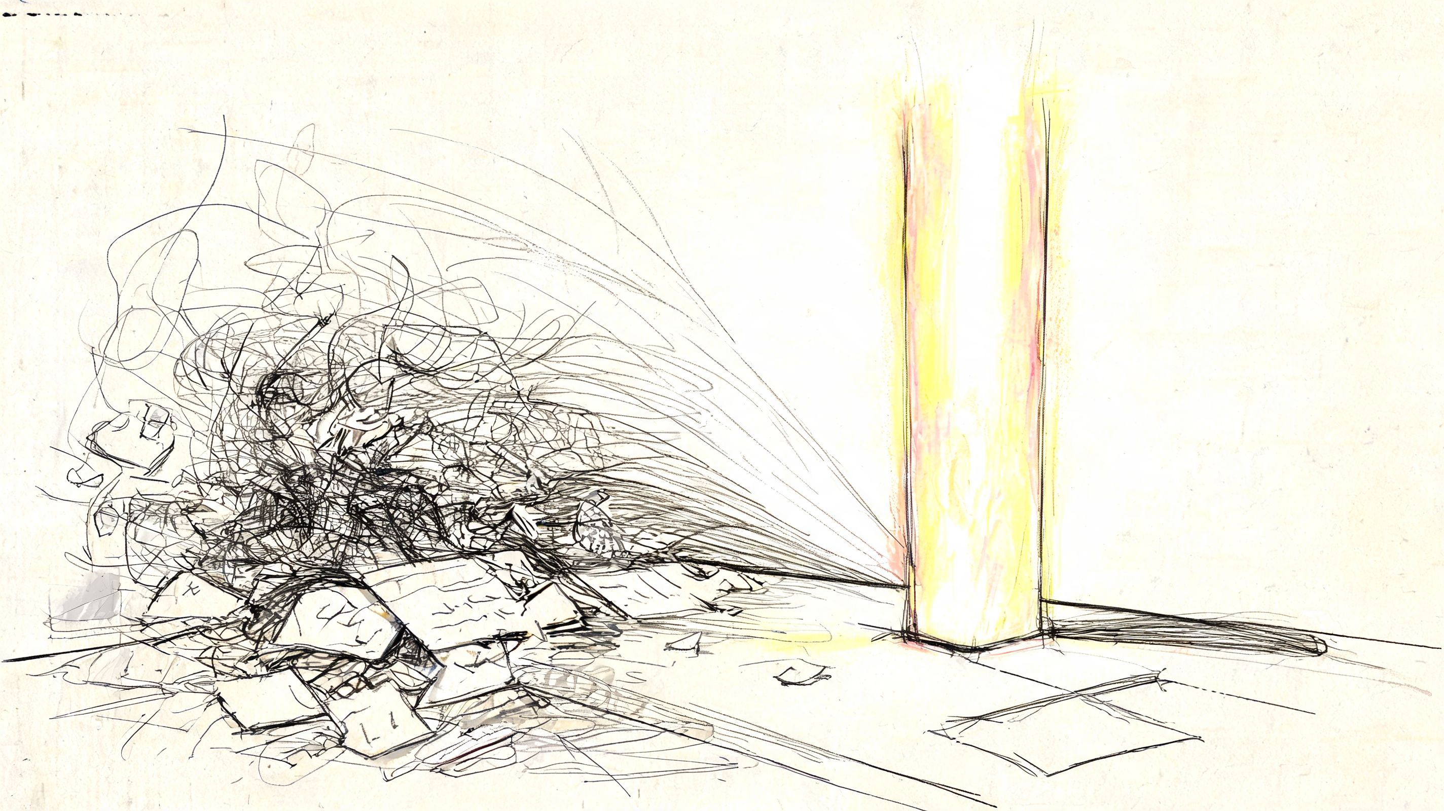 A charcoal sketch of a messy pile of papers next to a glowing pillar in a room.