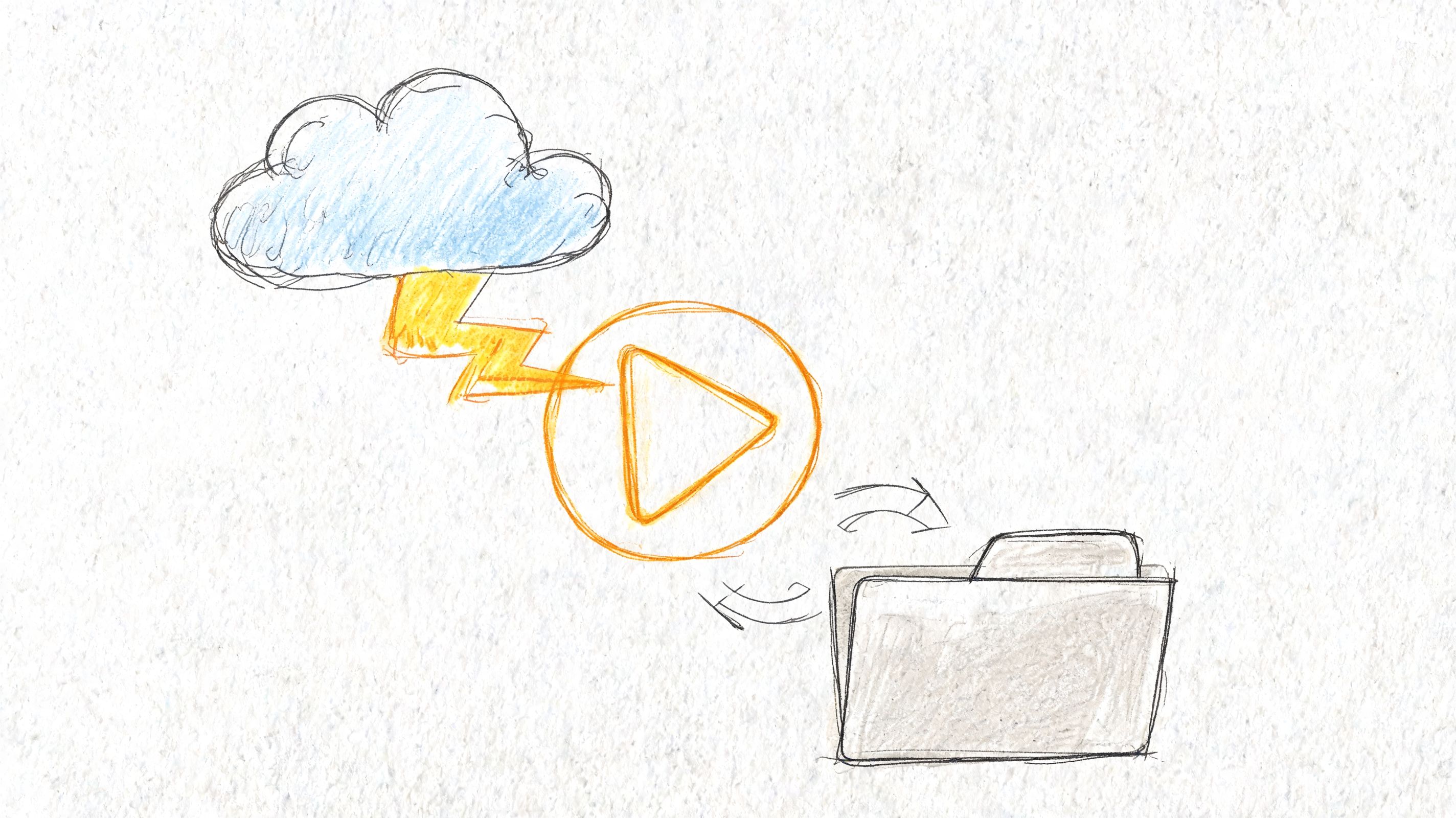 A hand-drawn sketch showing a cloud with lightning, a play button, and a digital folder icon.
