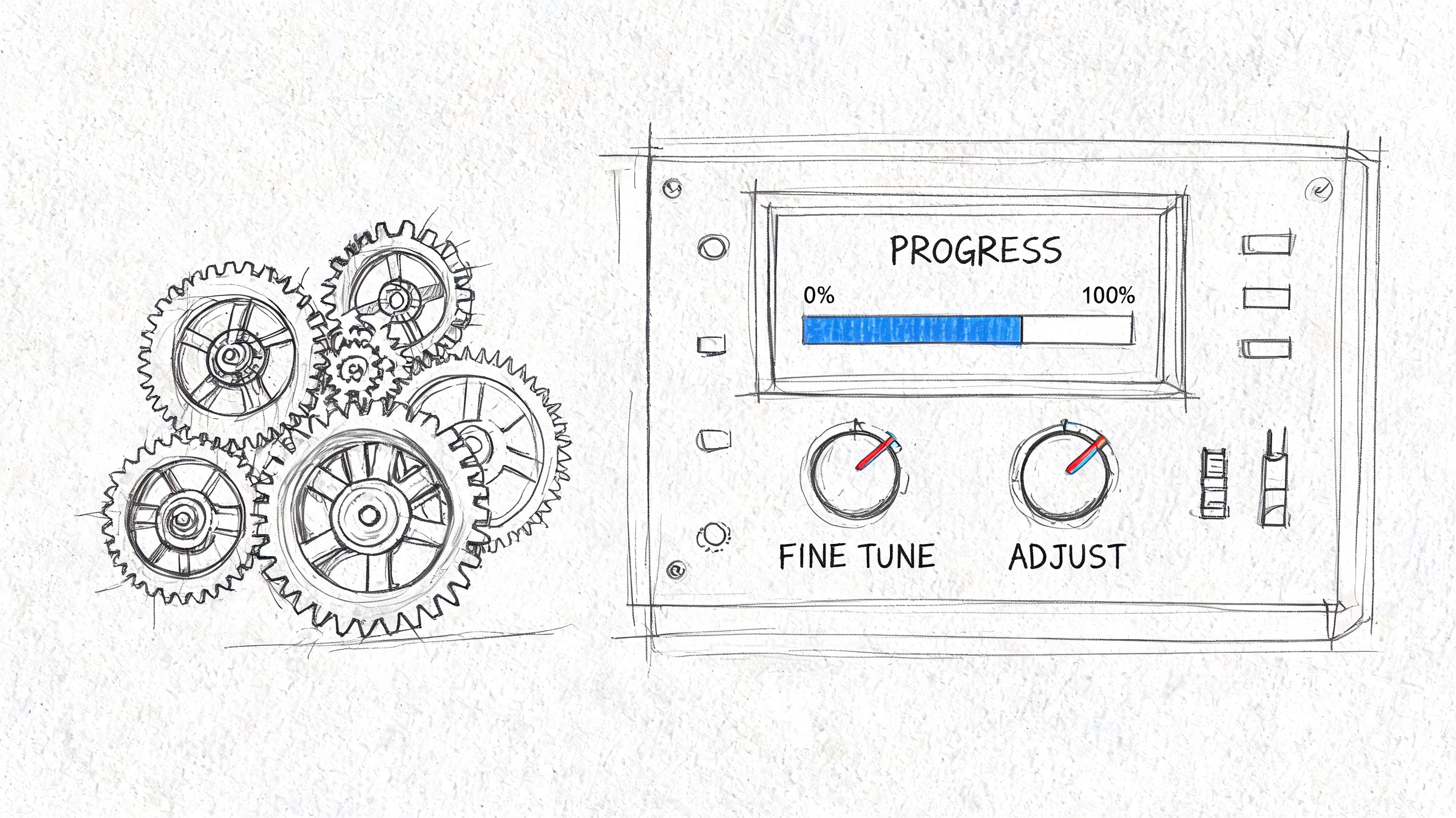 A conceptual sketch featuring mechanical gears next to a digital control panel with a progress bar indicator.