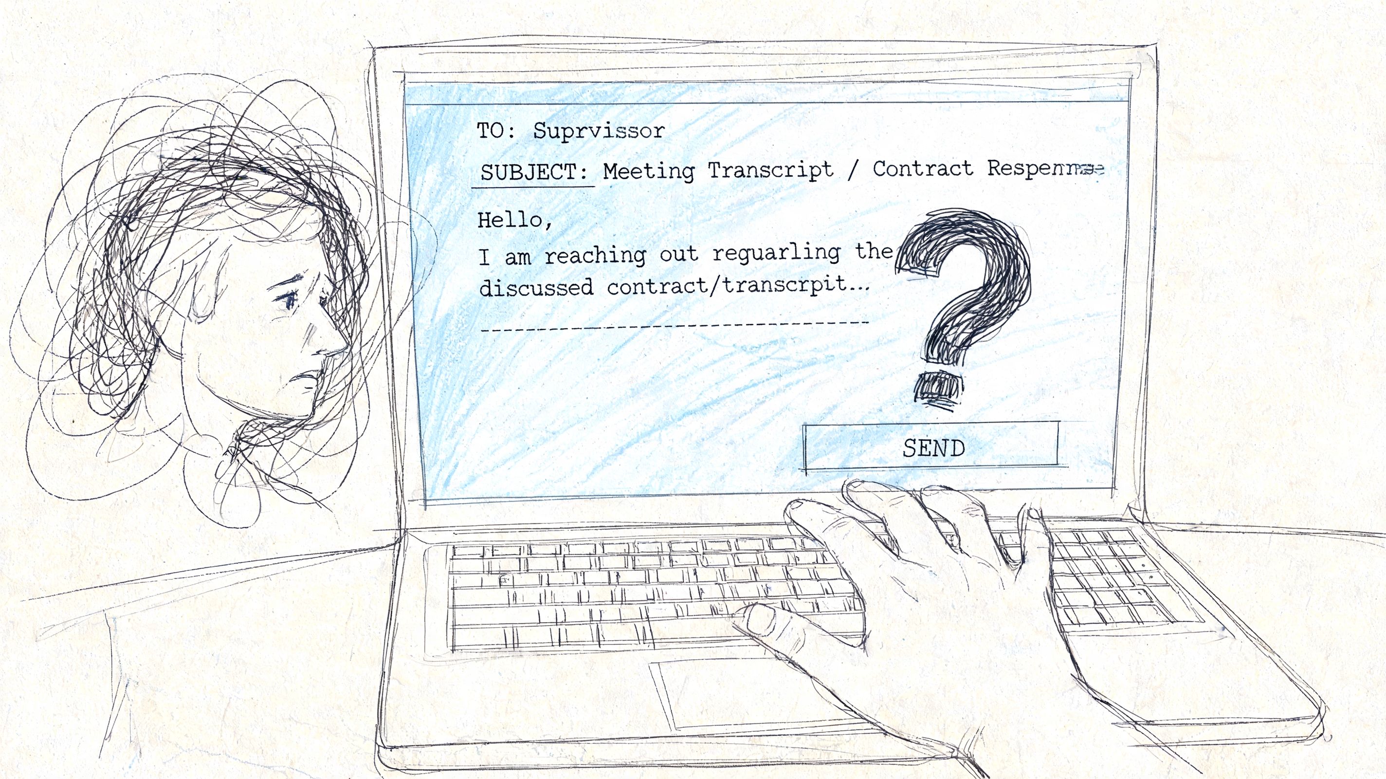 A person looking stressed while drafting a work email on a laptop with a large question mark.