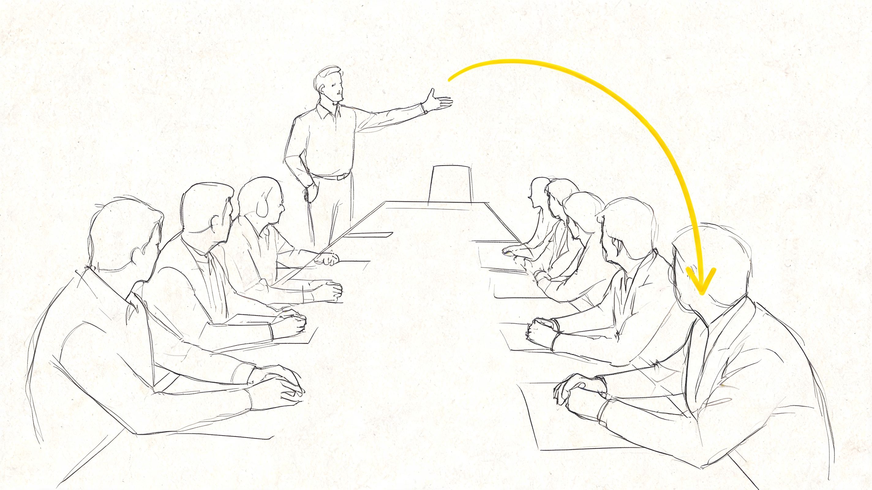 A minimalist sketch of a business meeting with a presenter addressing a seated group of professionals.