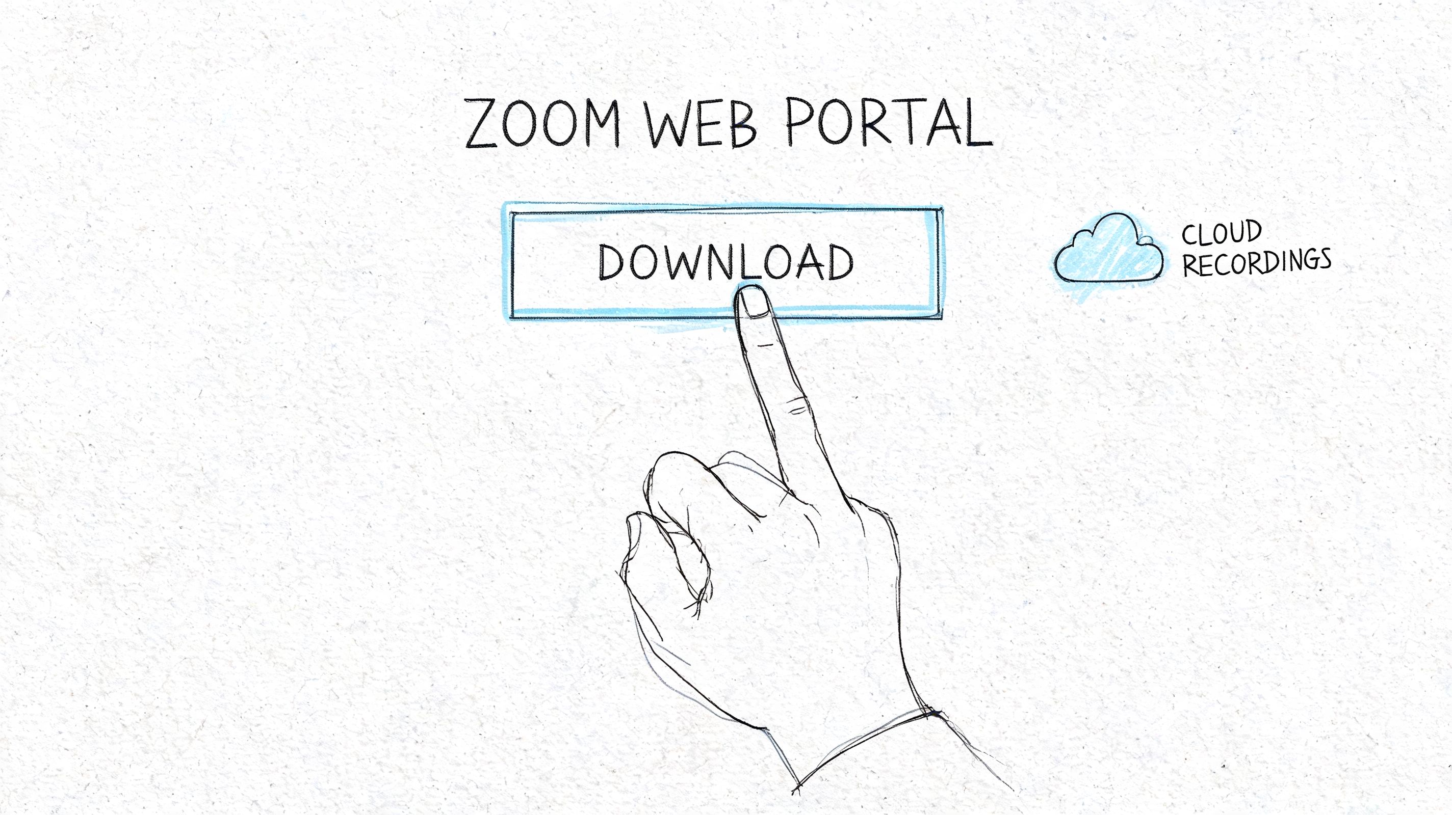 A hand illustration selecting a download button on the Zoom web portal to access cloud recordings.