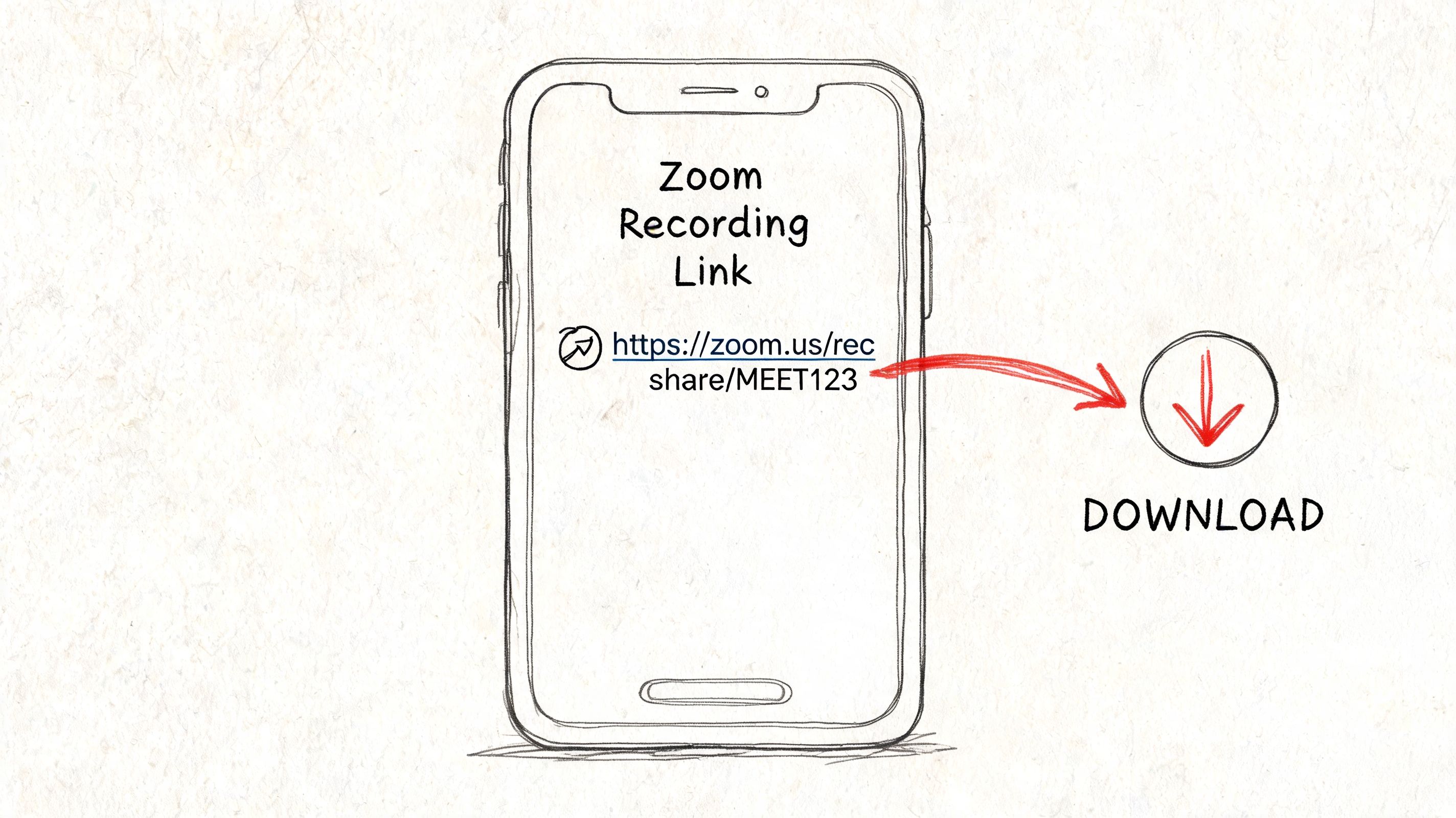 A hand-drawn illustration showing a smartphone with a Zoom recording link and a download button icon.
