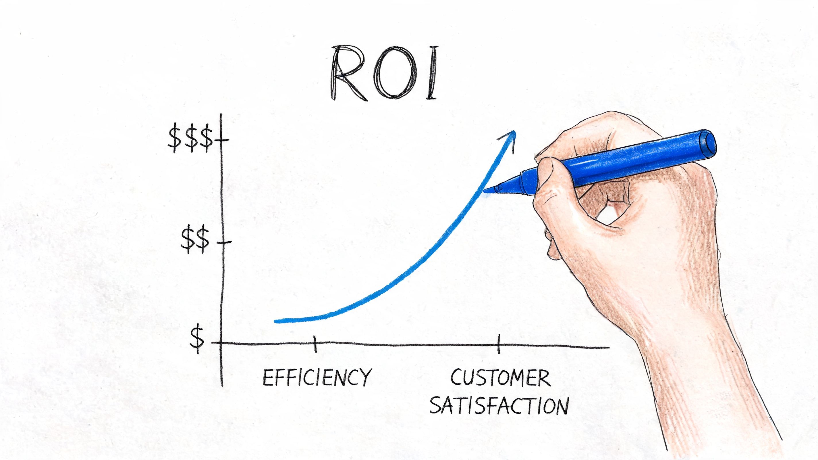 A hand drawing a graph illustrating the rise in ROI as efficiency and customer satisfaction increase.