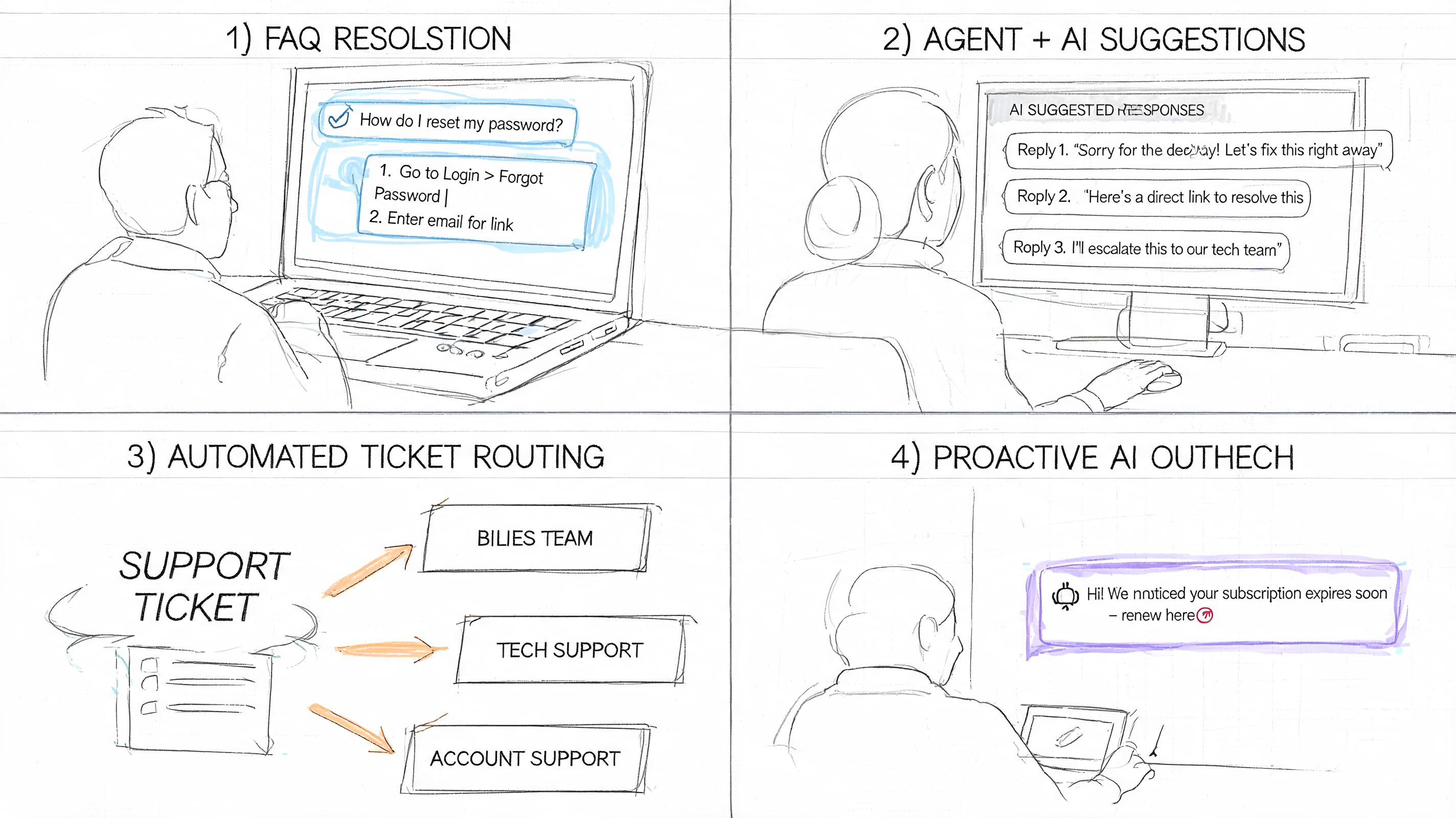 A four-part storyboard illustrating AI tools for customer service including FAQ resolution, agent suggestions, ticket routing, and outreach.