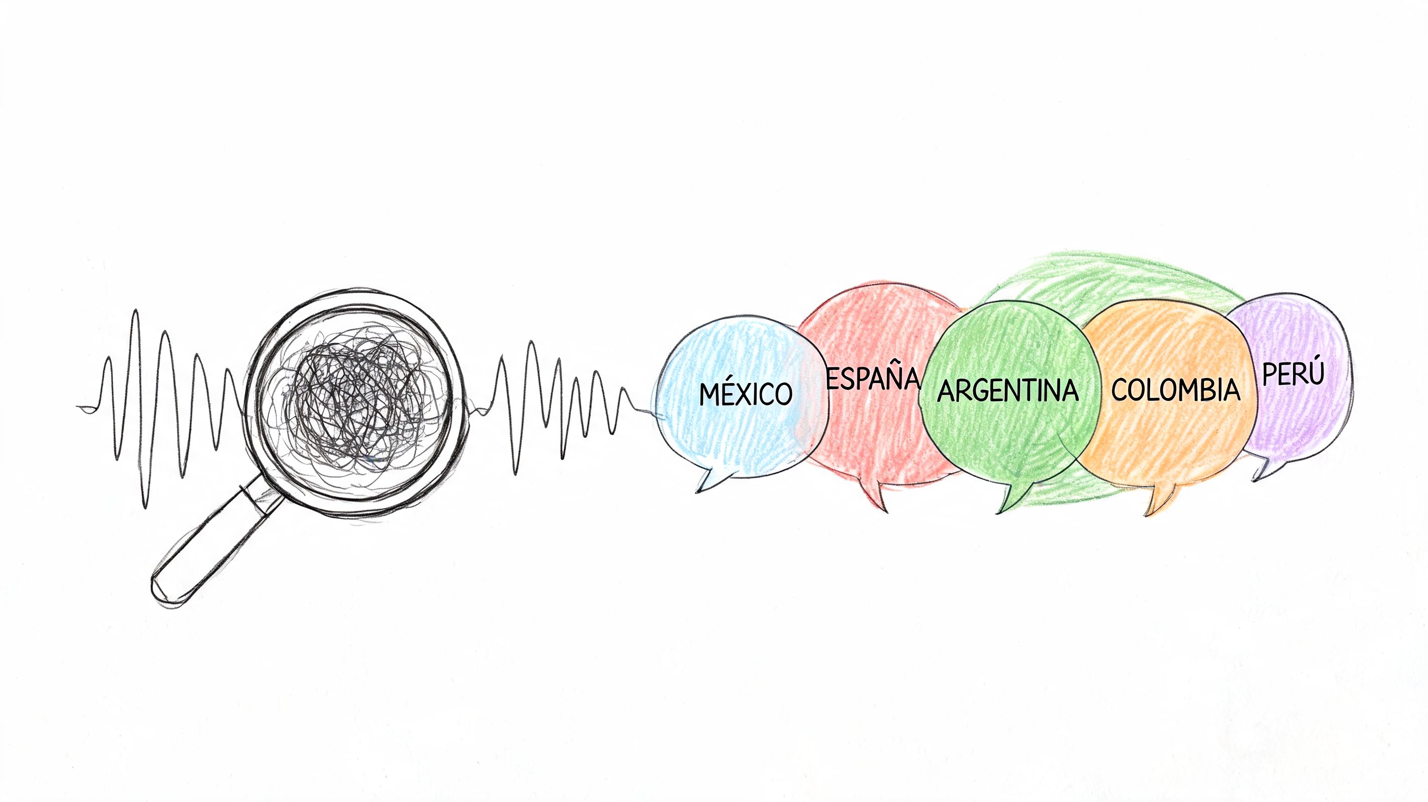 A magnifying glass analyzing a tangled sound wave leading to speech bubbles labeled with various Spanish-speaking countries.