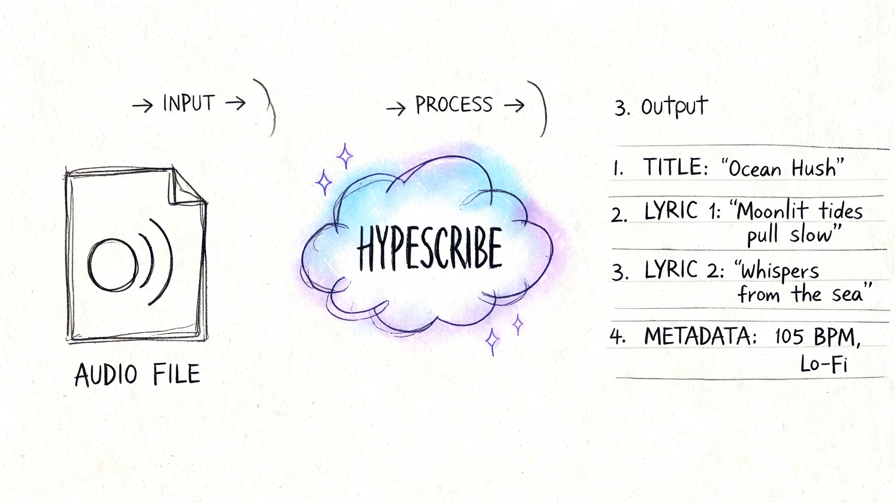 A diagram illustrating the HypeScribe process, starting with an audio file input and producing song metadata and lyrics.