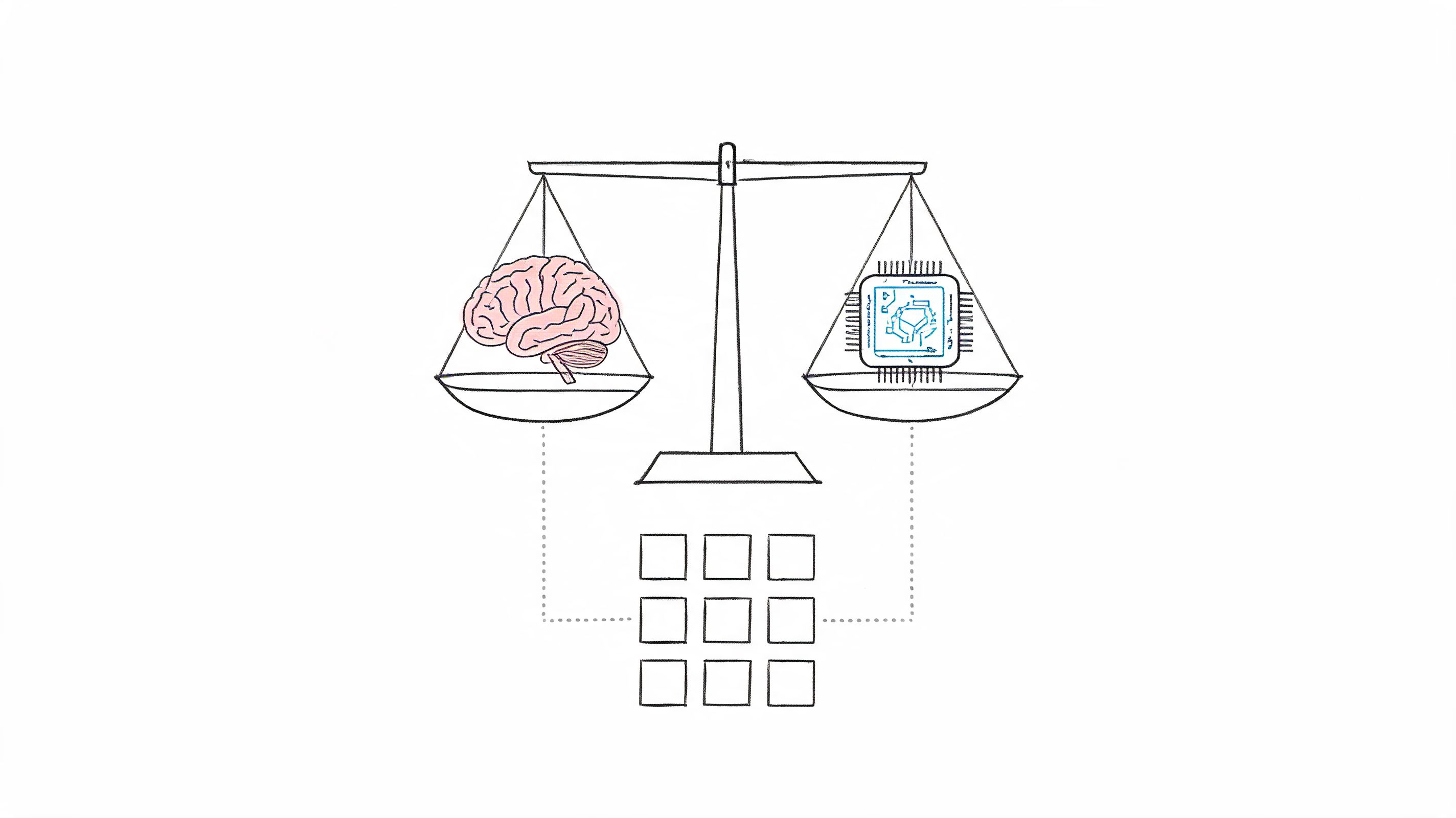 A hand-drawn illustration showing a balance scale weighing a human brain against a computer processor chip.
