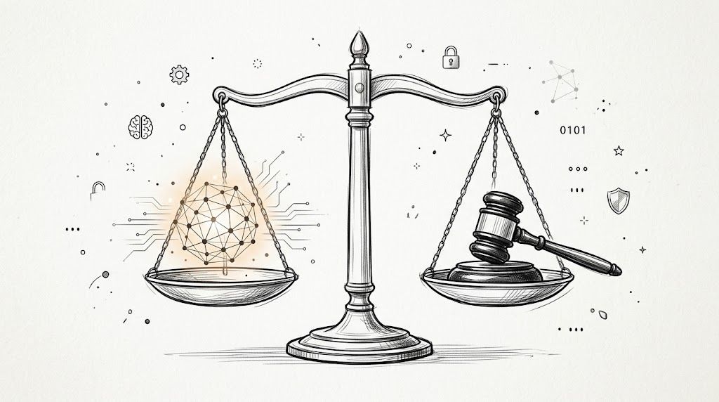 A conceptual drawing of scales of justice balancing artificial intelligence technology against a legal gavel.