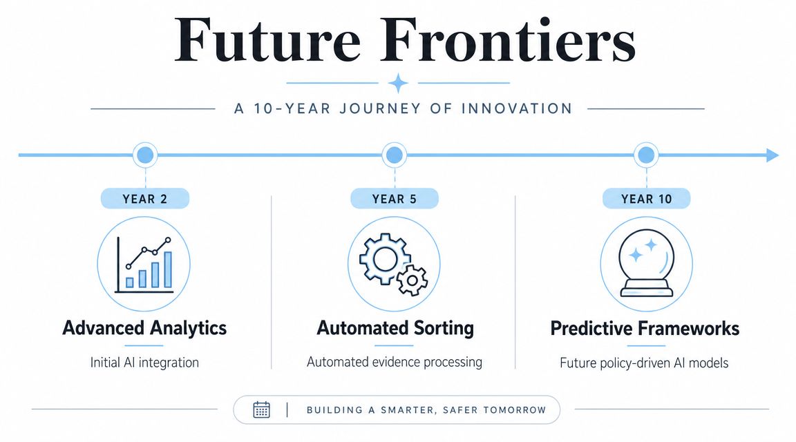 A 10-year timeline showing milestones for advanced analytics, automated sorting, and predictive frameworks in technology innovation.