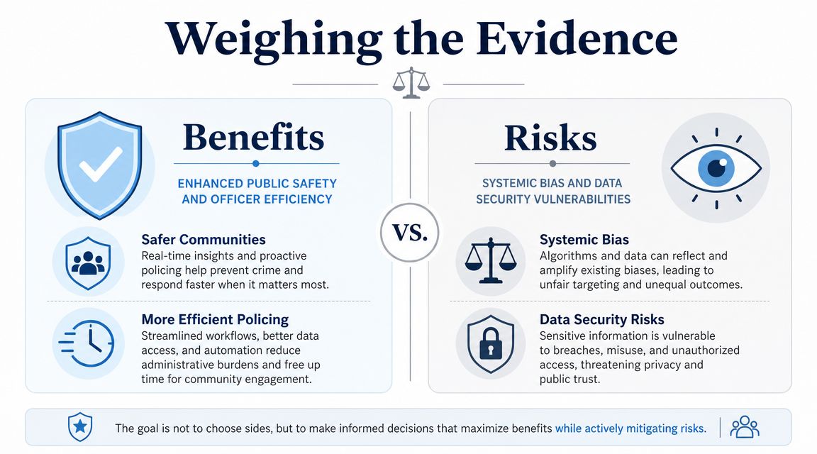 A comparison infographic titled Weighing the Evidence, detailing the benefits and risks of using technology in law enforcement.