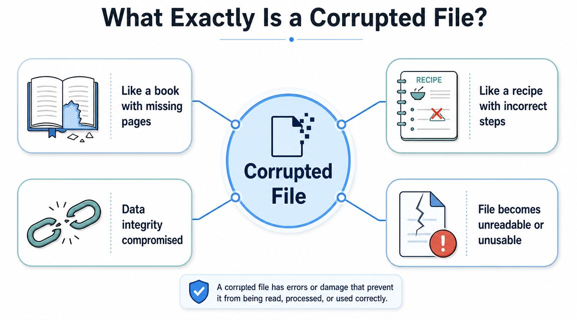 An infographic explaining a corrupted file with four examples like a missing book page or broken data chain.