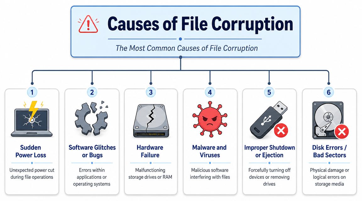 A diagram illustrating six common causes of file corruption including power loss, software bugs, and hardware failure.