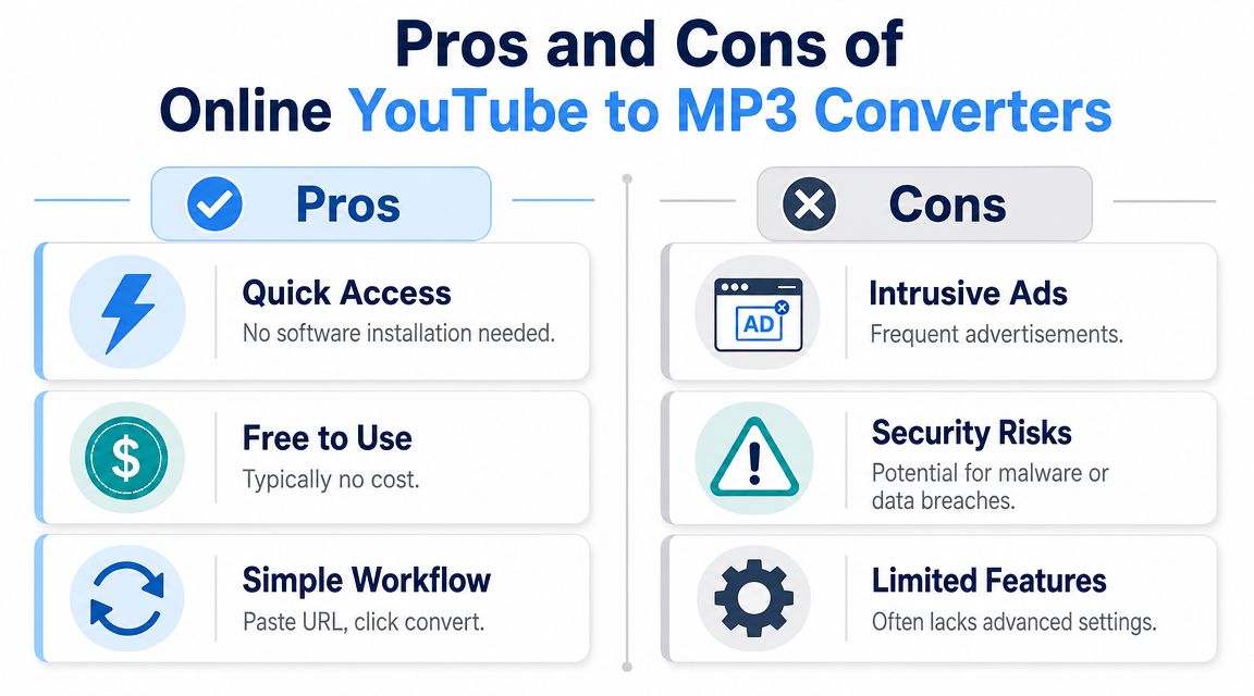An infographic comparing the pros and cons of using online converters for YouTube to MP3 files.