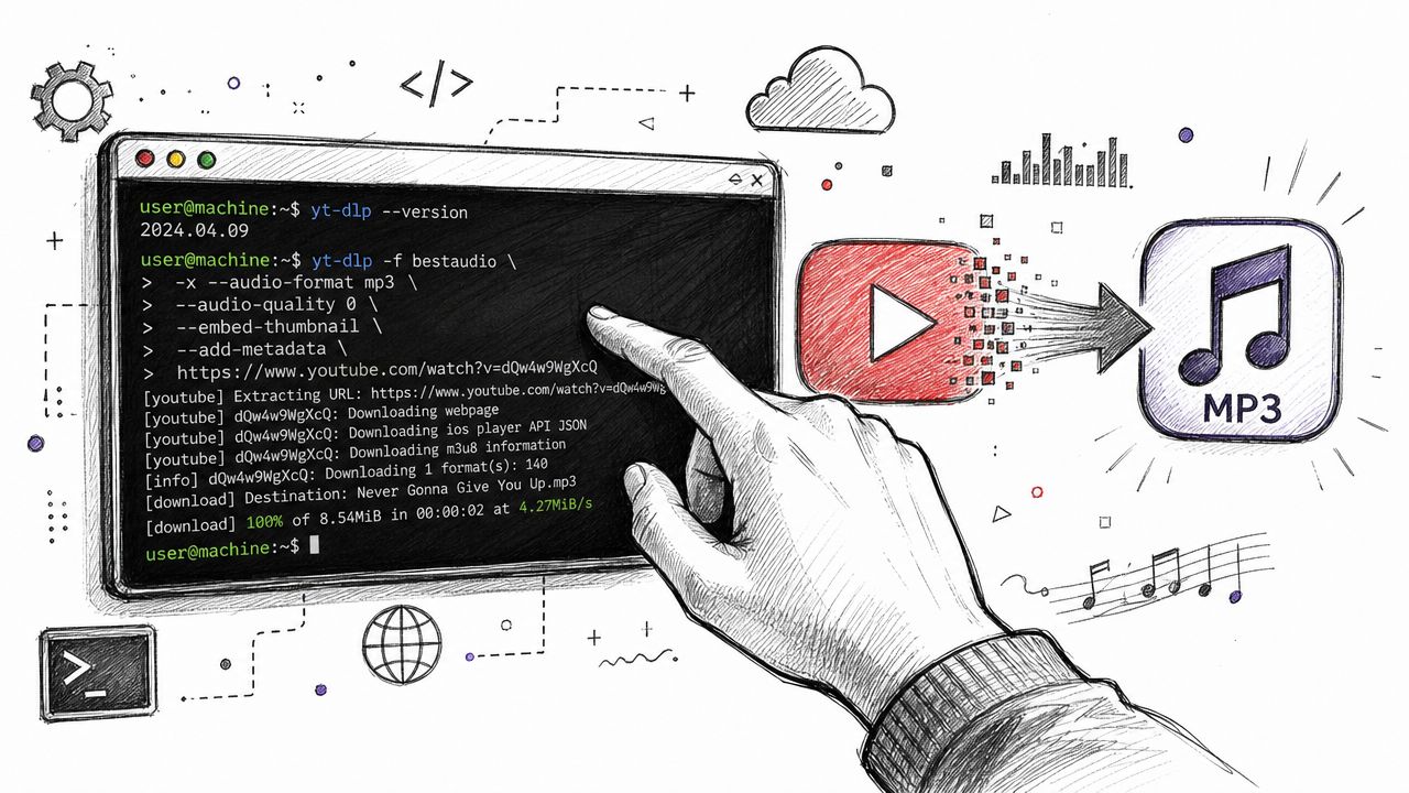 A hand interacting with a terminal window running yt-dlp to convert a YouTube video to MP3.