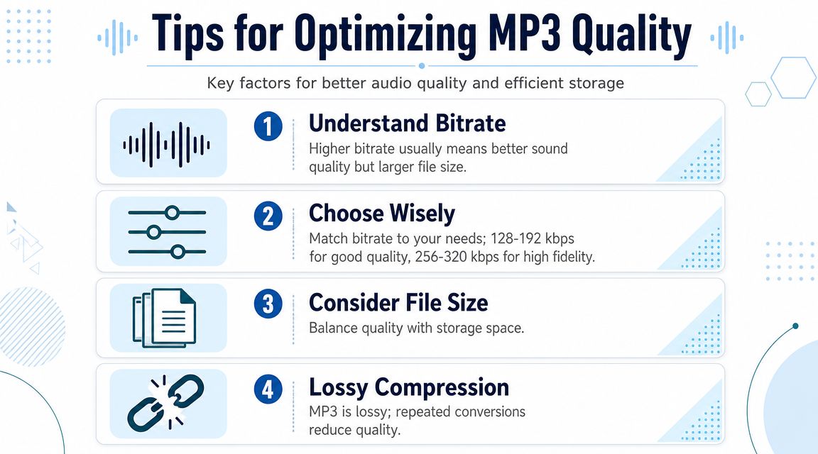 An infographic titled Tips for Optimizing MP3 Quality outlining four key factors for audio file management.
