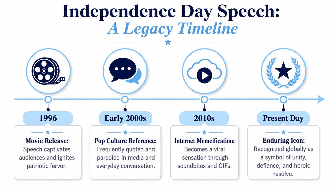 A timeline graphic illustrating the legacy of the Independence Day movie president speech from 1996 to today.