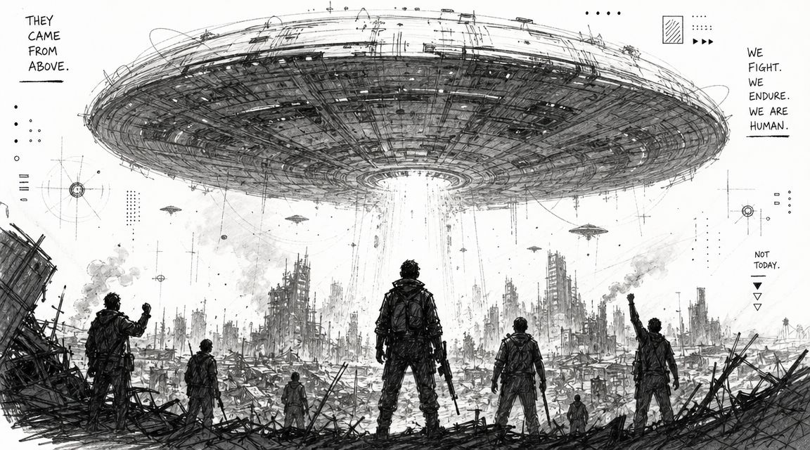 A group of soldiers stands before a massive alien spaceship hovering over a destroyed, war-torn city.