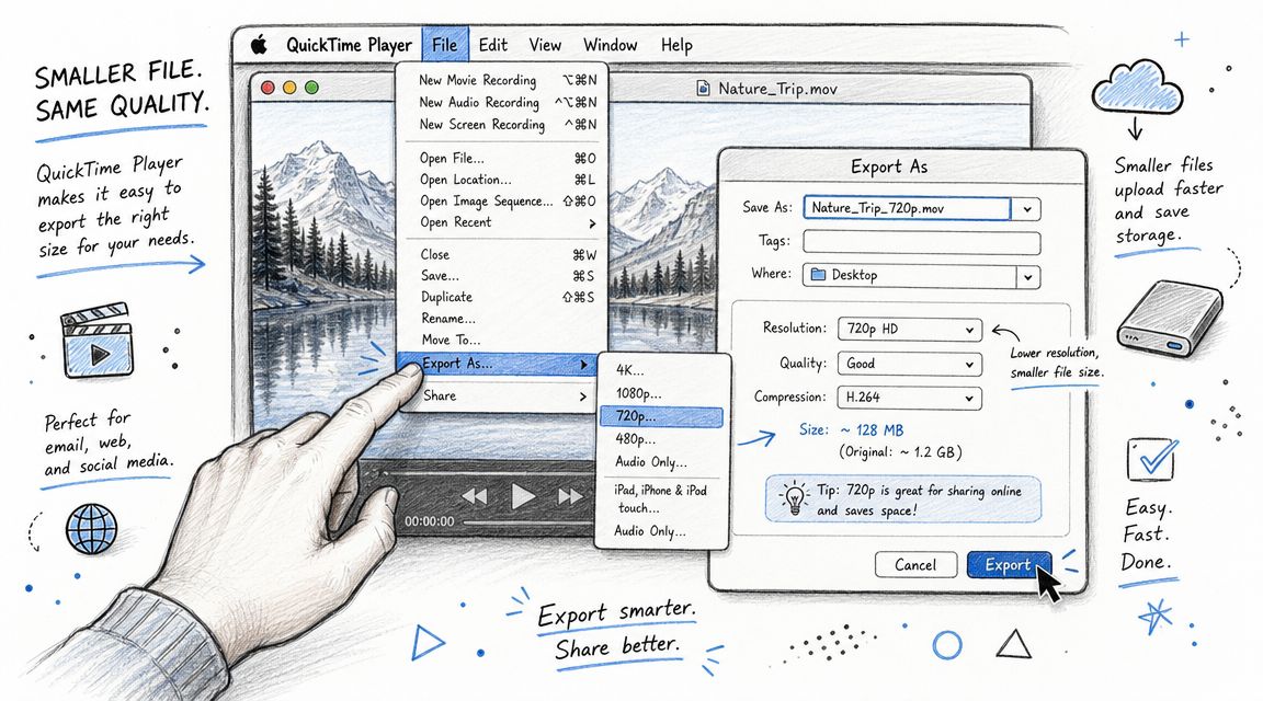 A hand selecting Export As in the QuickTime Player menu to reduce video file size.