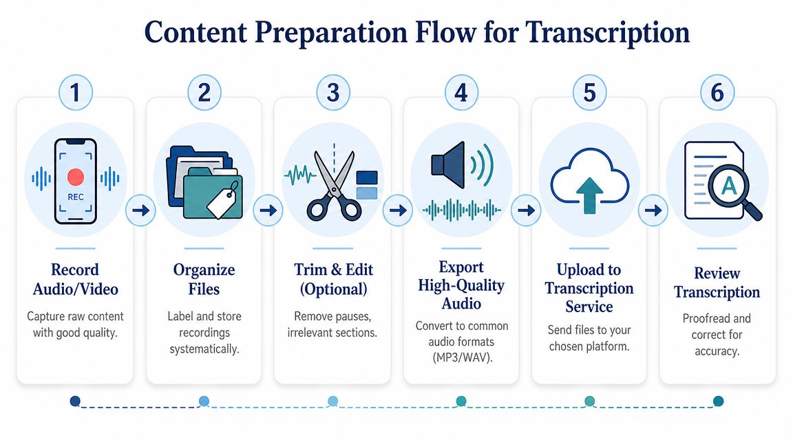 A six-step infographic illustrating the content preparation flow for professional transcription services in a simple format.