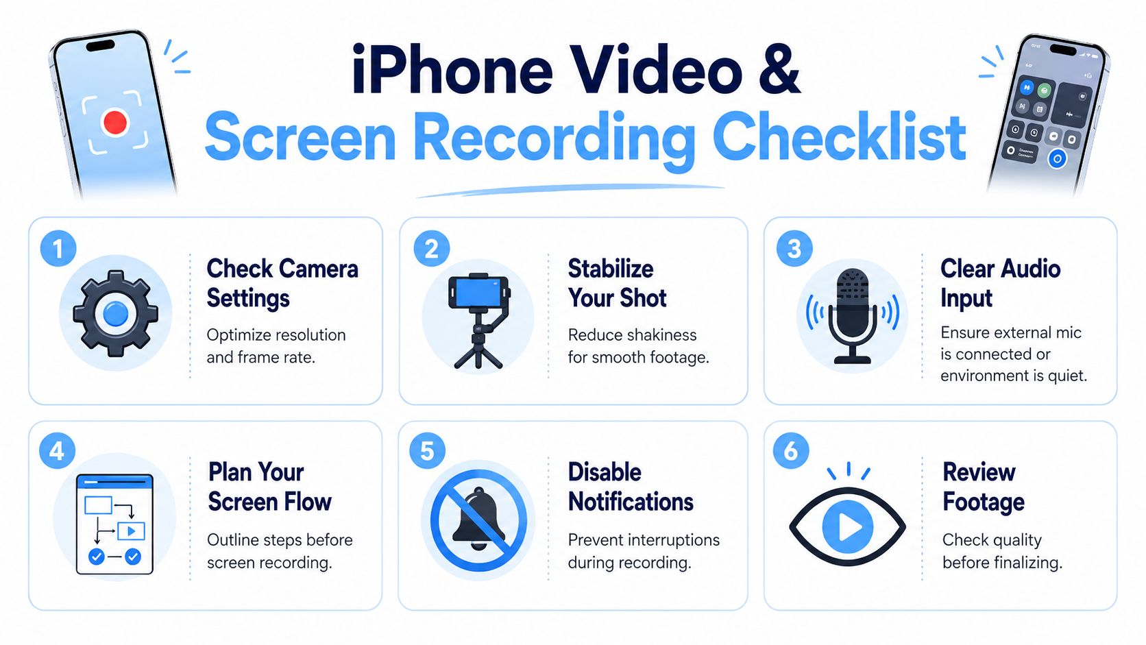 An infographic checklist for recording video and screen content on an iPhone with six simple steps.