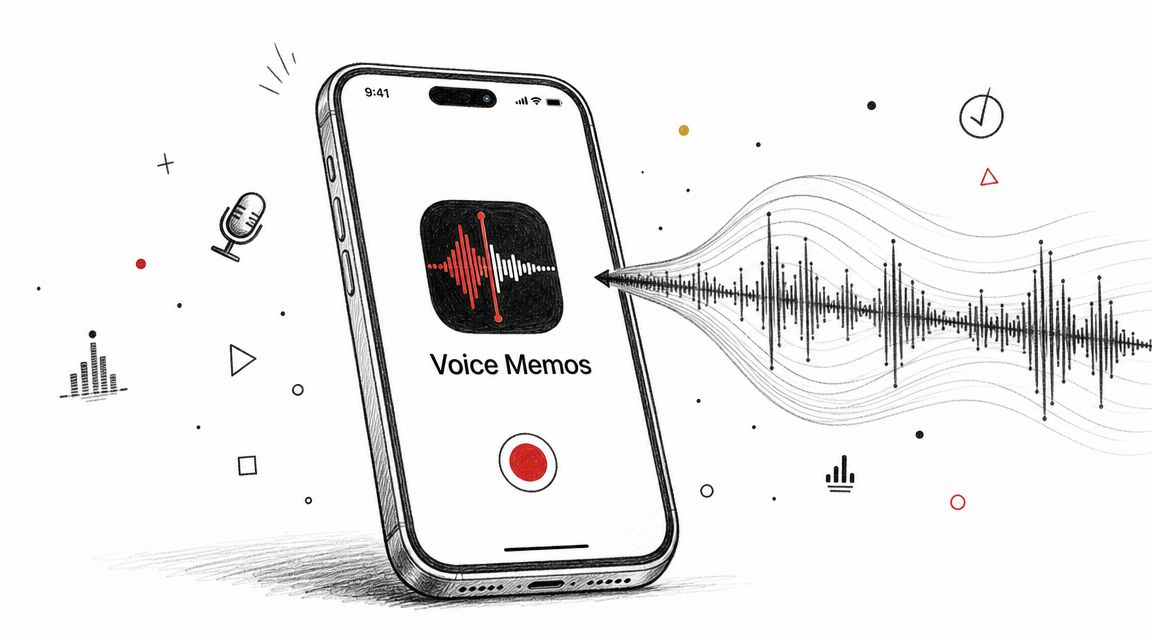A hand-drawn illustration of an iPhone displaying the Voice Memos app with a visual audio waveform.