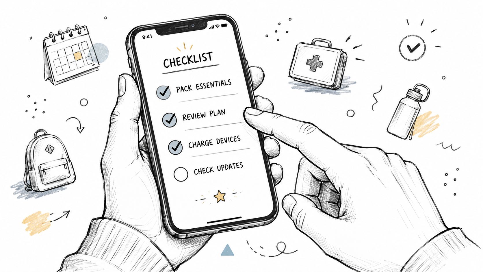 A hand-drawn illustration showing a person using an iPhone to check off items on a digital checklist.