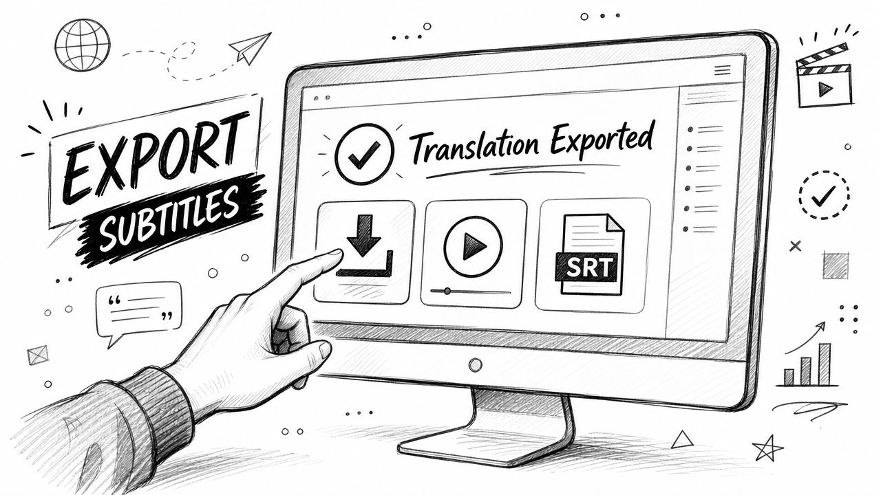 A hand touches a computer screen showing a successfully exported subtitle translation file in SRT format.