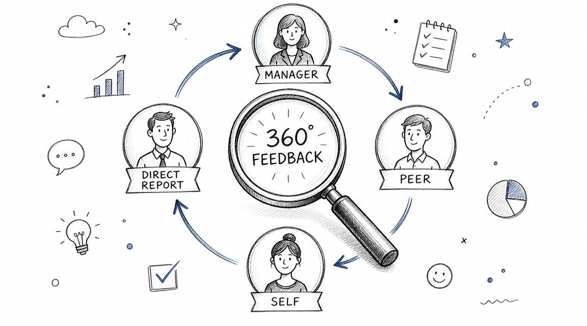 A hand-drawn illustration depicting a 360-degree feedback process involving a manager, peer, self, and direct report.