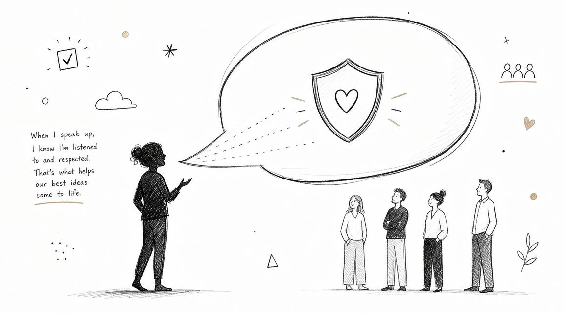 A hand-drawn illustration showing a person speaking to a group with a heart-shield symbol in a speech bubble.