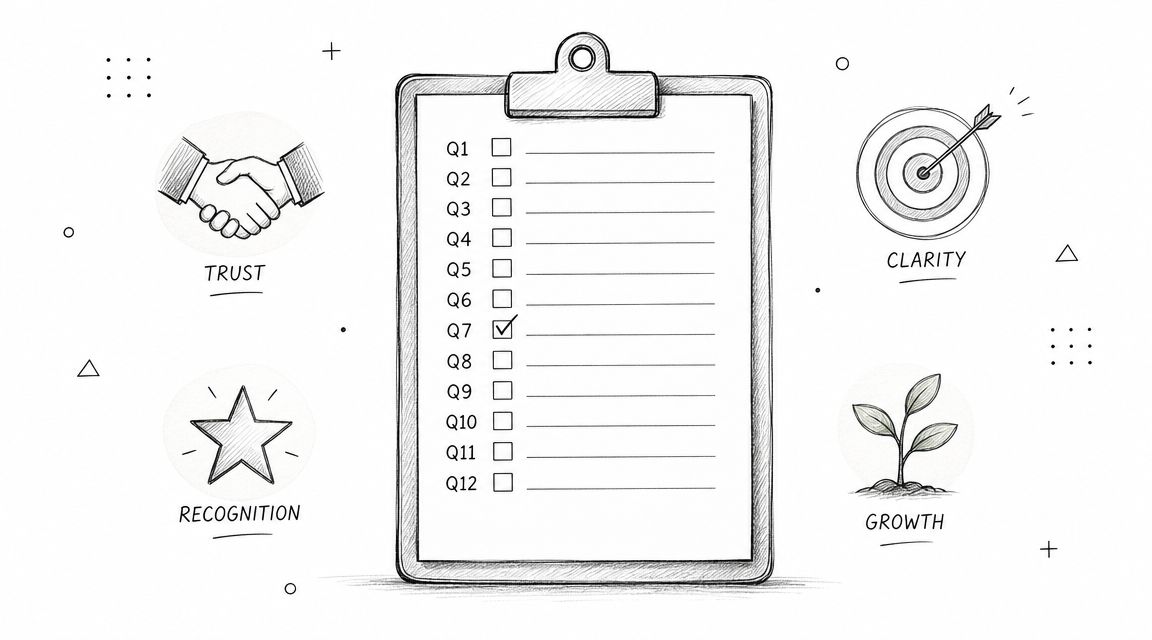 Hand-drawn illustration of a checklist with 12 items and four icons representing trust, clarity, recognition, and growth.