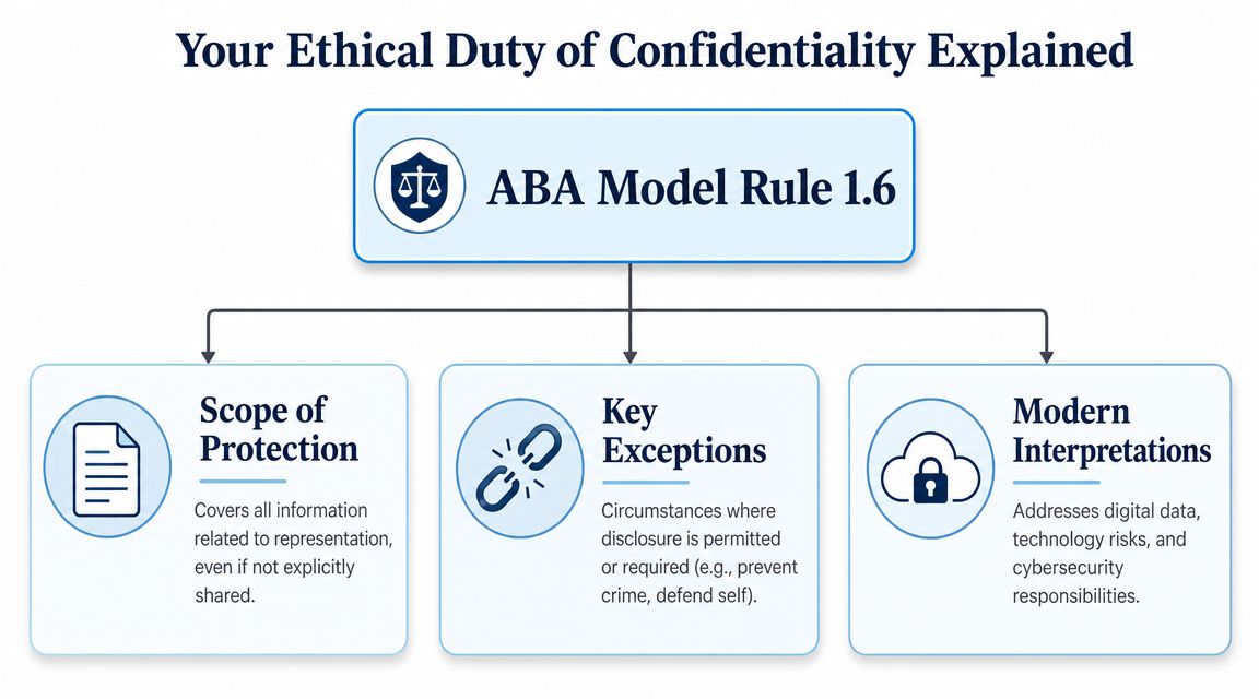 A diagram explaining the ABA Model Rule 1.6 regarding a lawyer's ethical duty of client confidentiality.