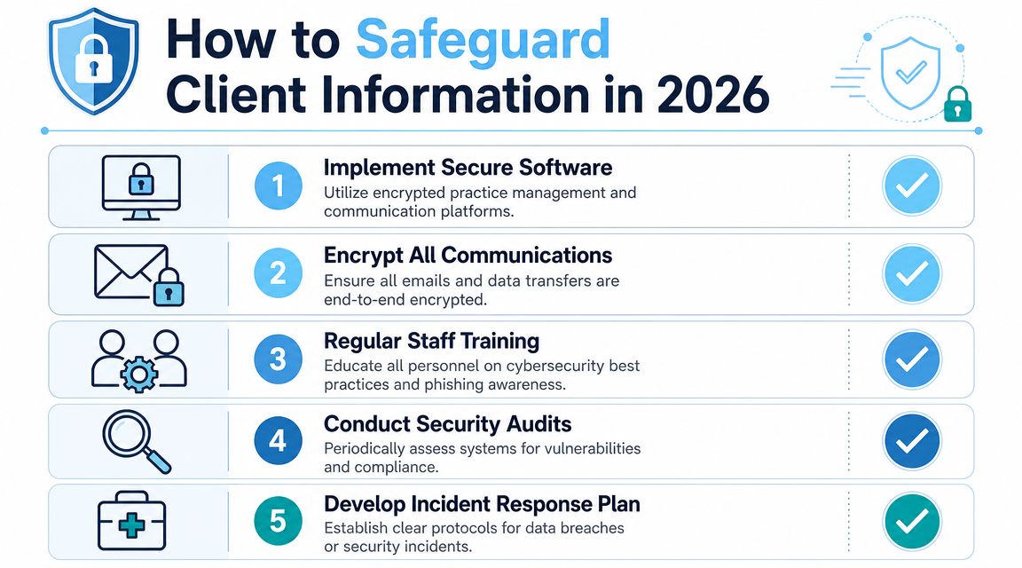 An infographic detailing five key steps to safeguard client information through cybersecurity practices in 2026.