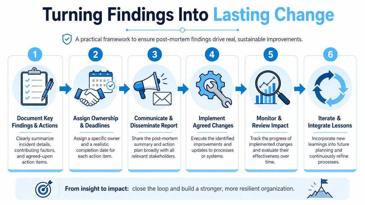 A six-step infographic illustrating a practical framework for transforming post-mortem meeting findings into sustainable organizational improvements.