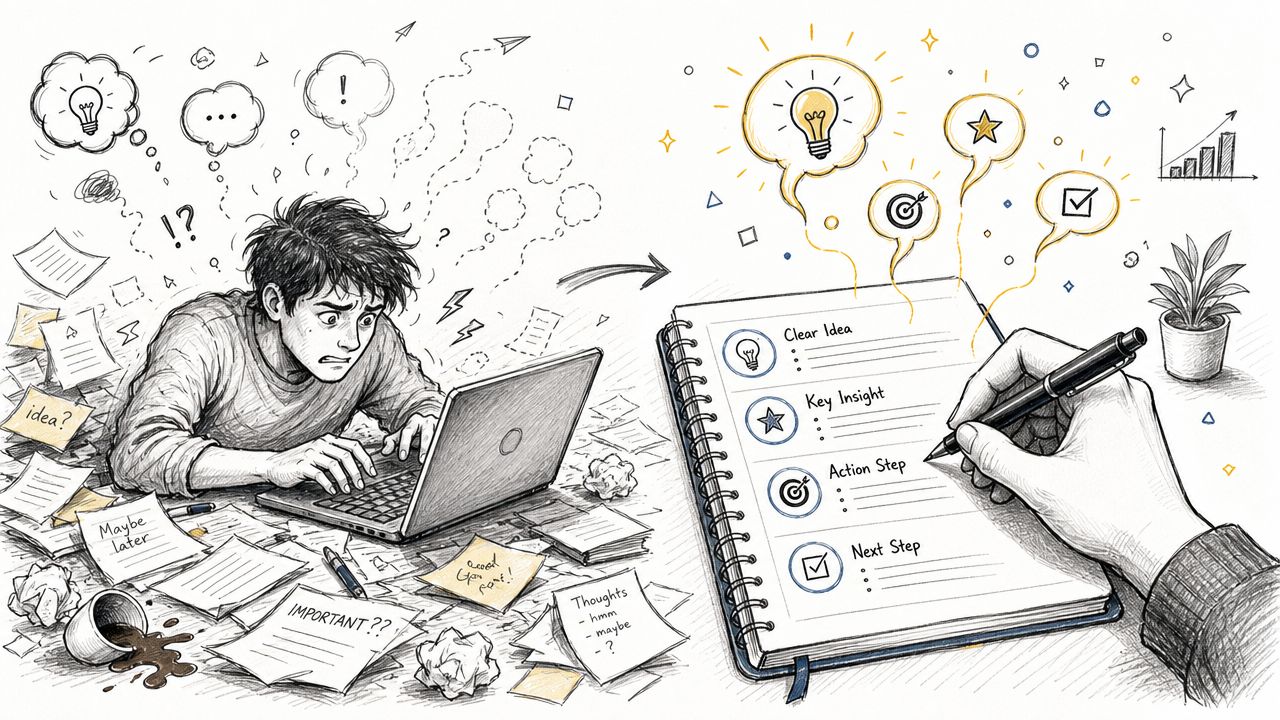 A person struggling with cluttered digital tasks transitioning to organized note taking in a clean notebook.