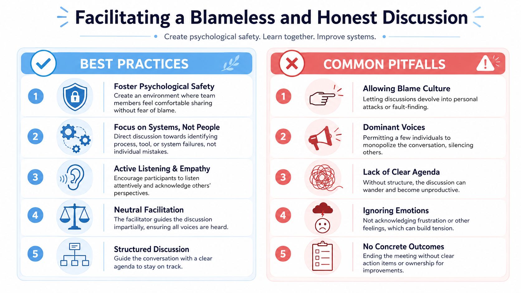 A chart comparing best practices for fostering psychological safety and common pitfalls to avoid in group discussions.