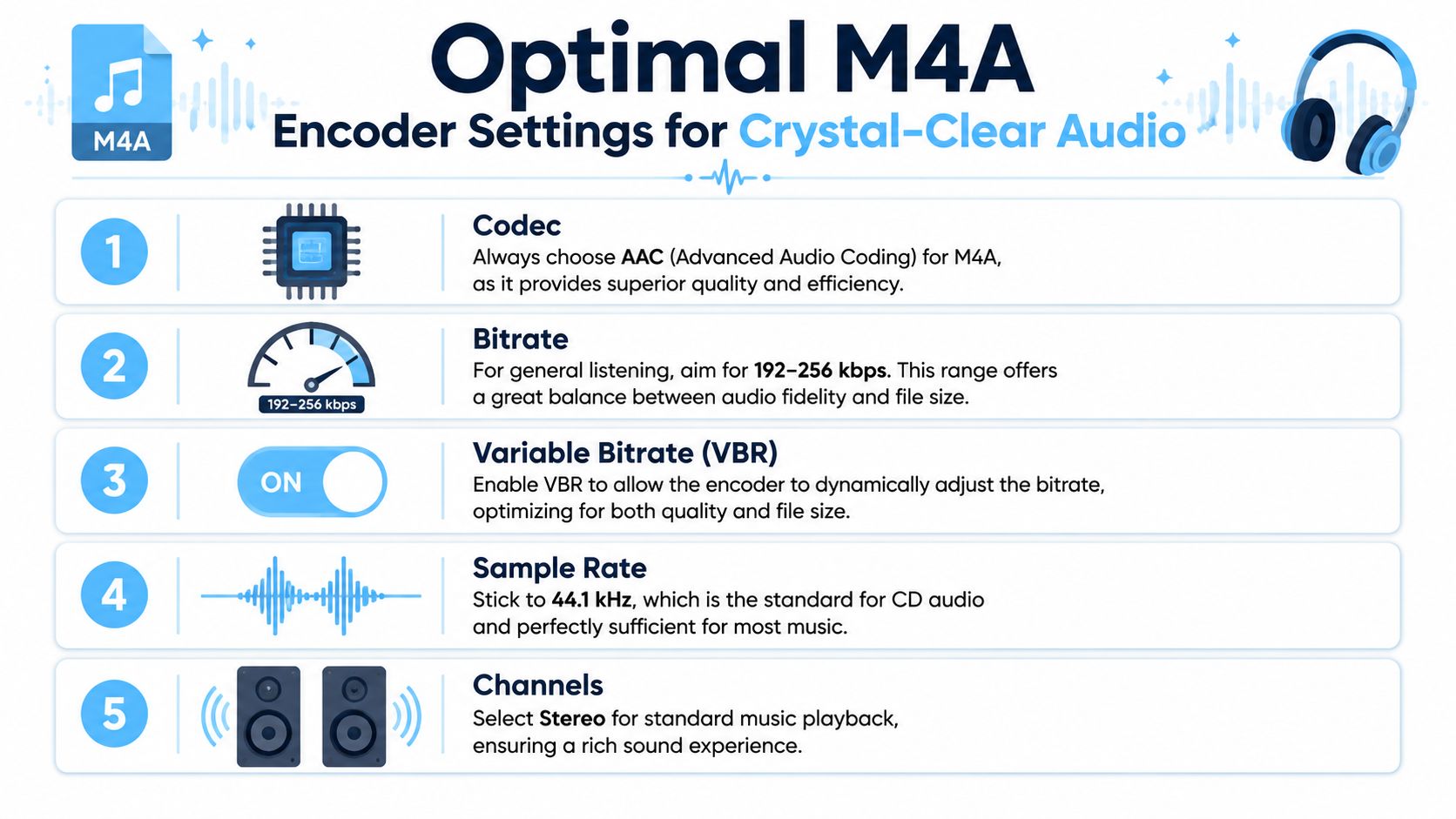 An infographic detailing five optimal encoder settings for creating high-quality M4A audio files for clear playback.