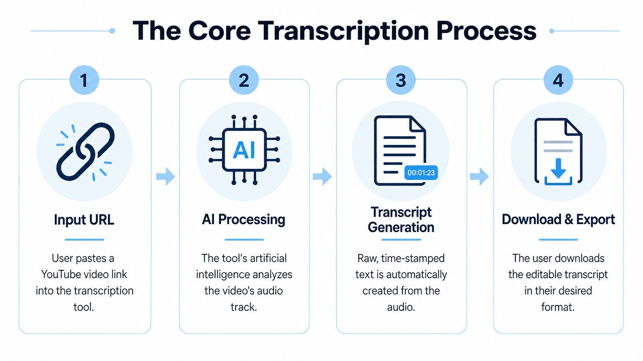 A four-step infographic illustrating the core process of a YouTube transcription tool for automated audio to text conversion.