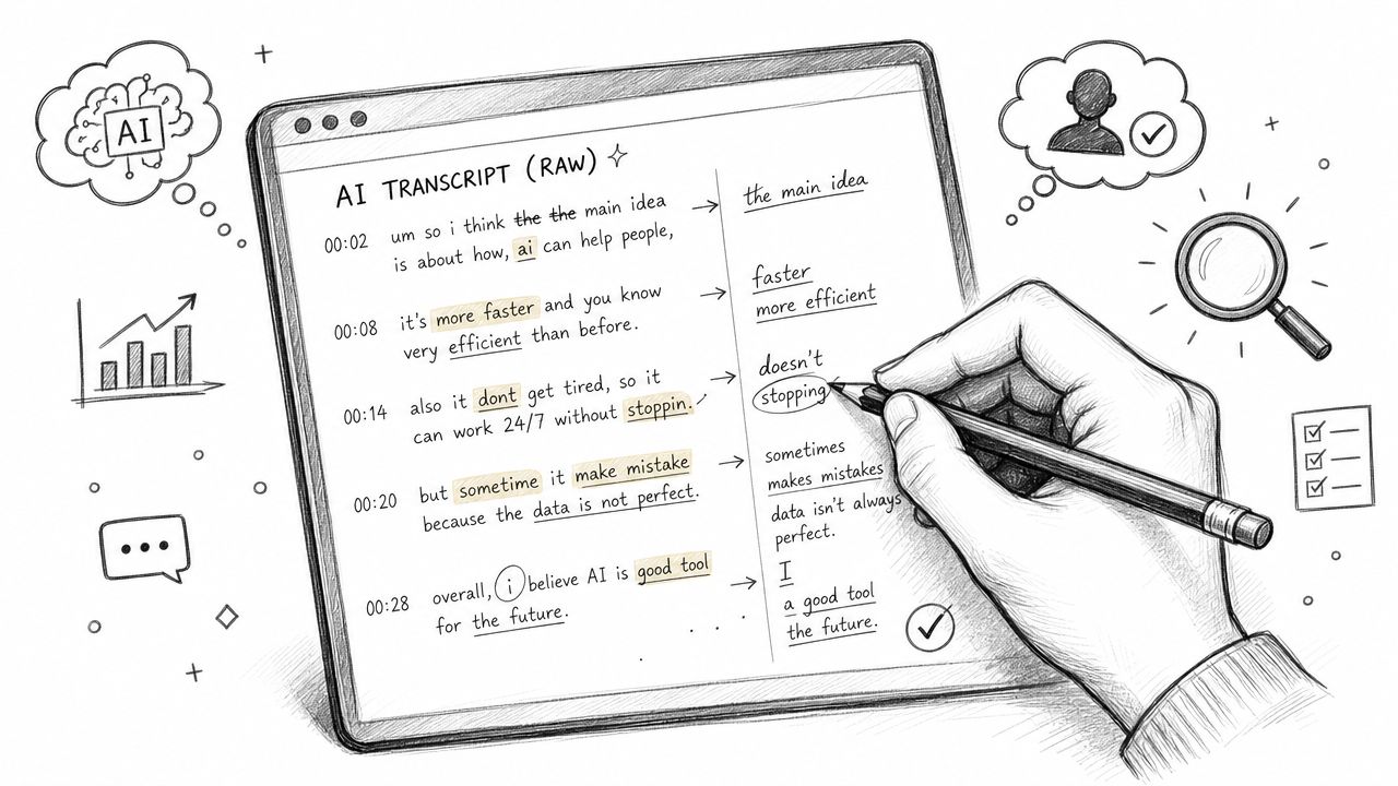 A hand editing a raw AI generated transcript on a tablet, correcting grammar and improving clarity.