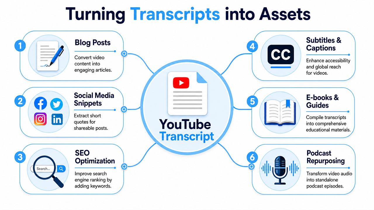 A diagram illustrating six ways to repurpose YouTube transcripts into various digital marketing content assets.