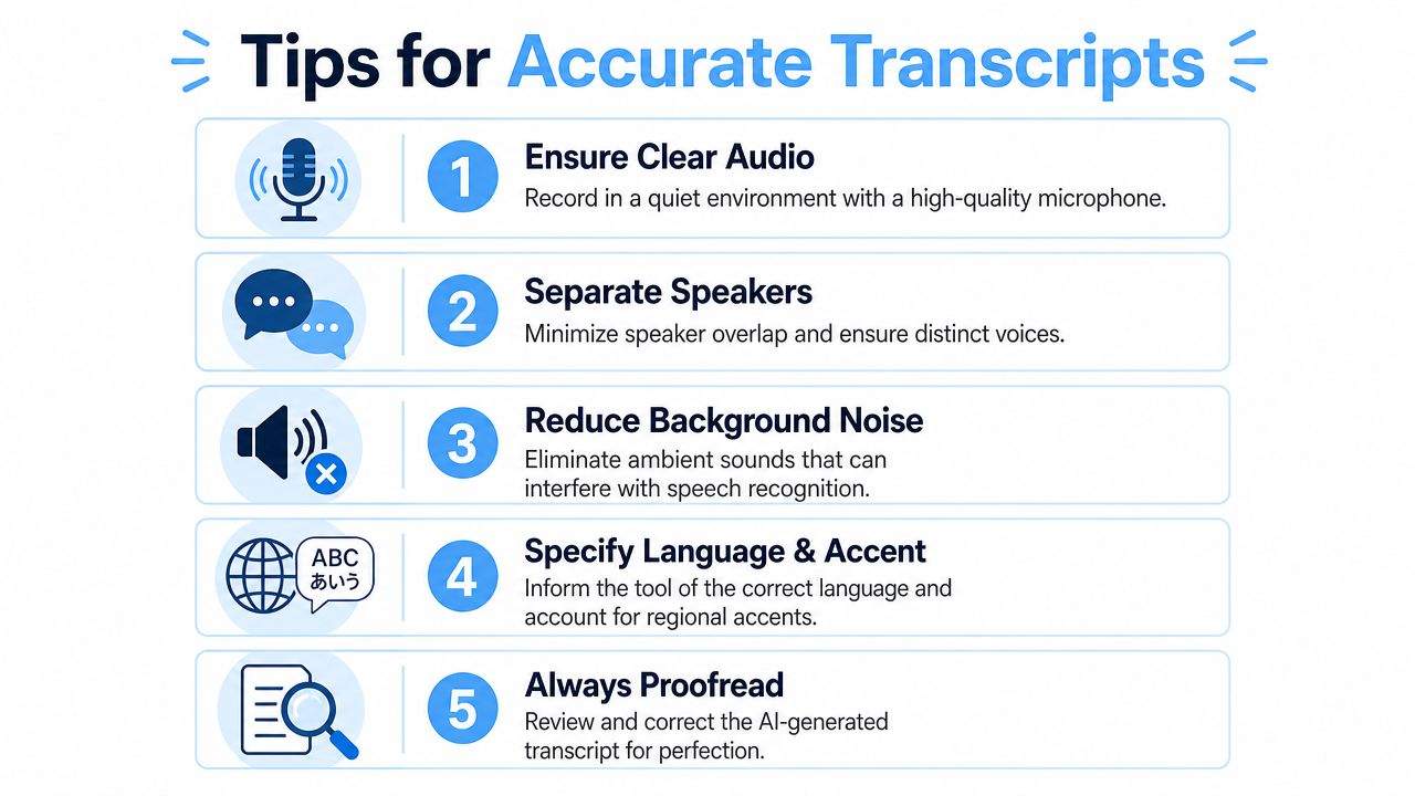 A list of five essential tips for creating accurate transcripts, featuring icons and descriptive text for each.